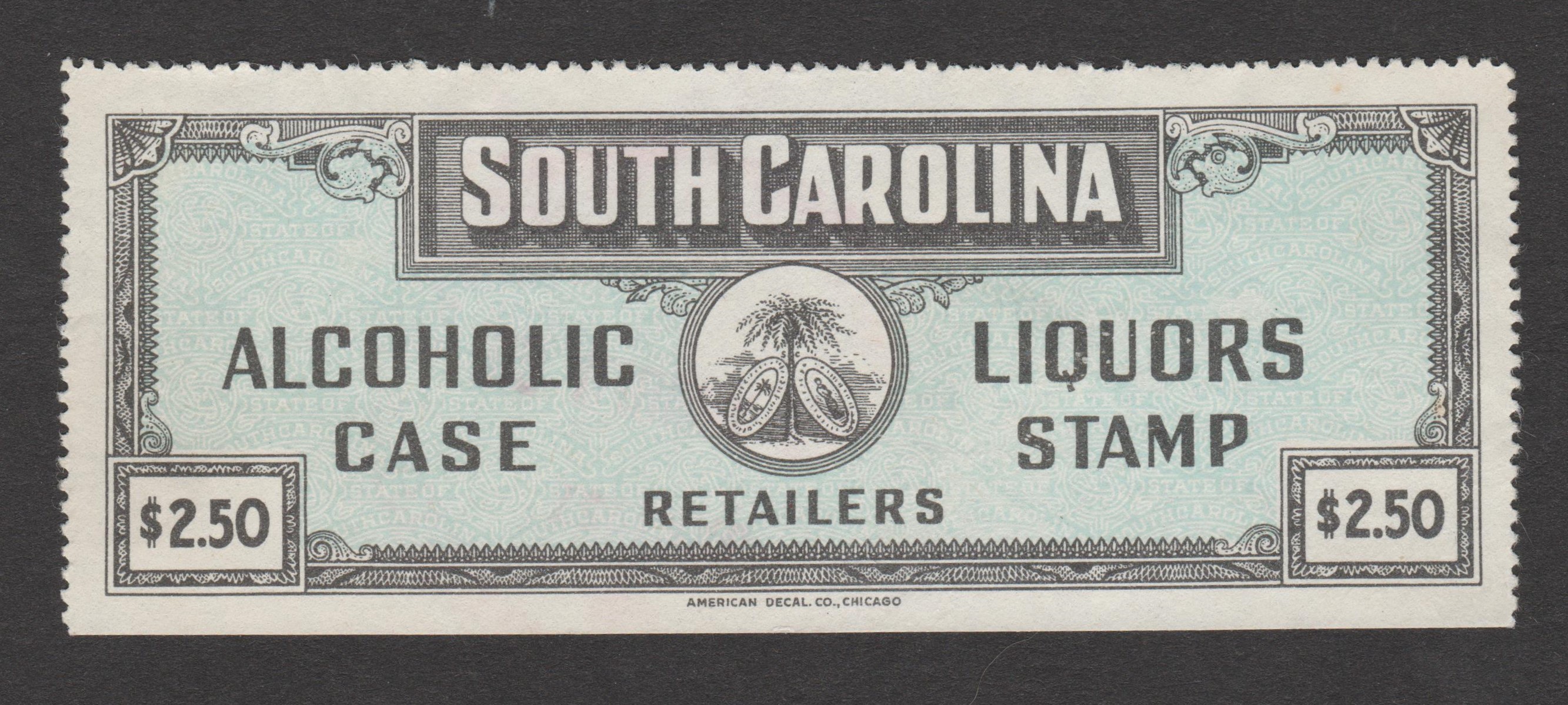 SC liquor LC6 $2.50 Uncanceled VF, fugitive background intact