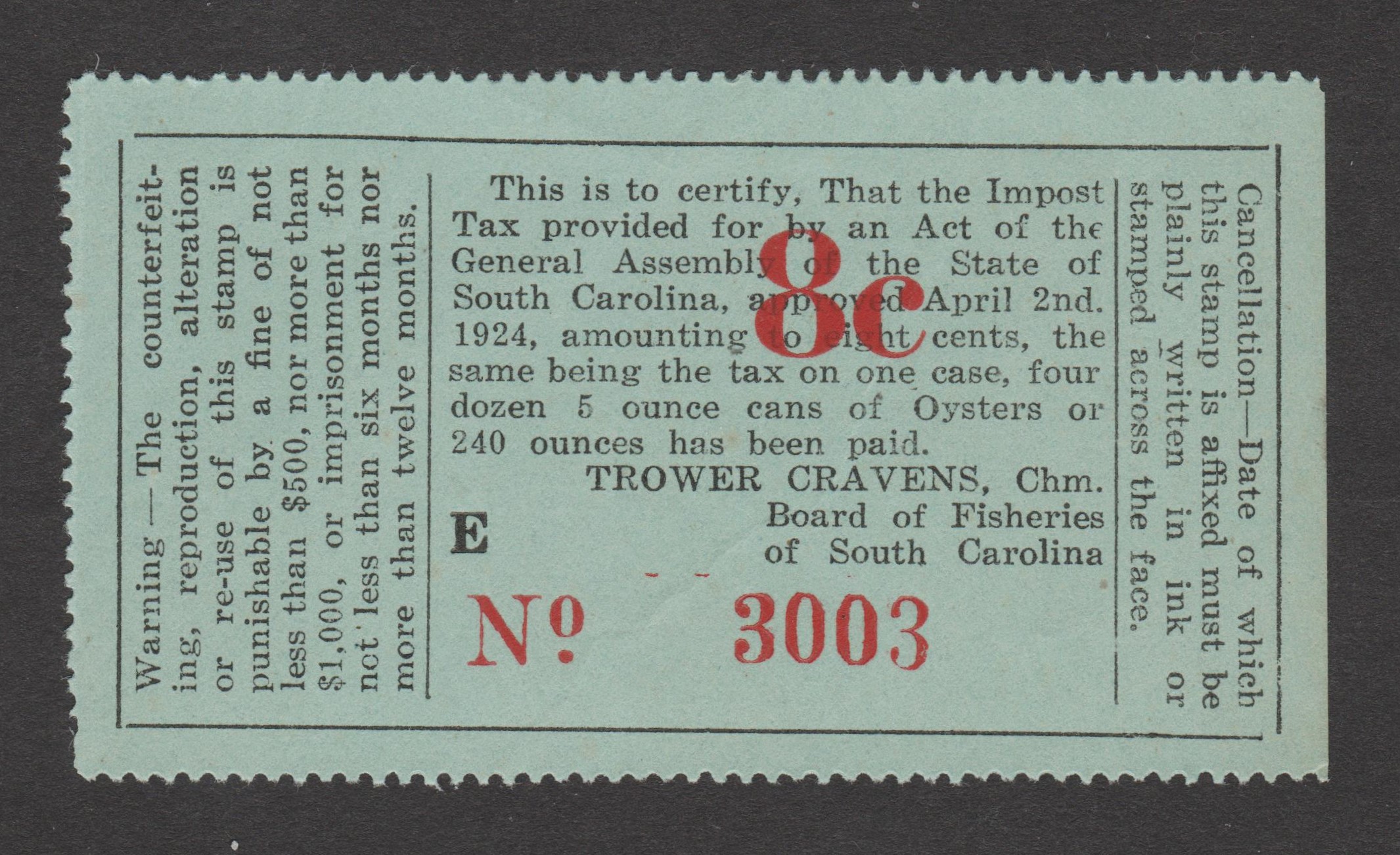 SC oysters OY19 8c Unused VF