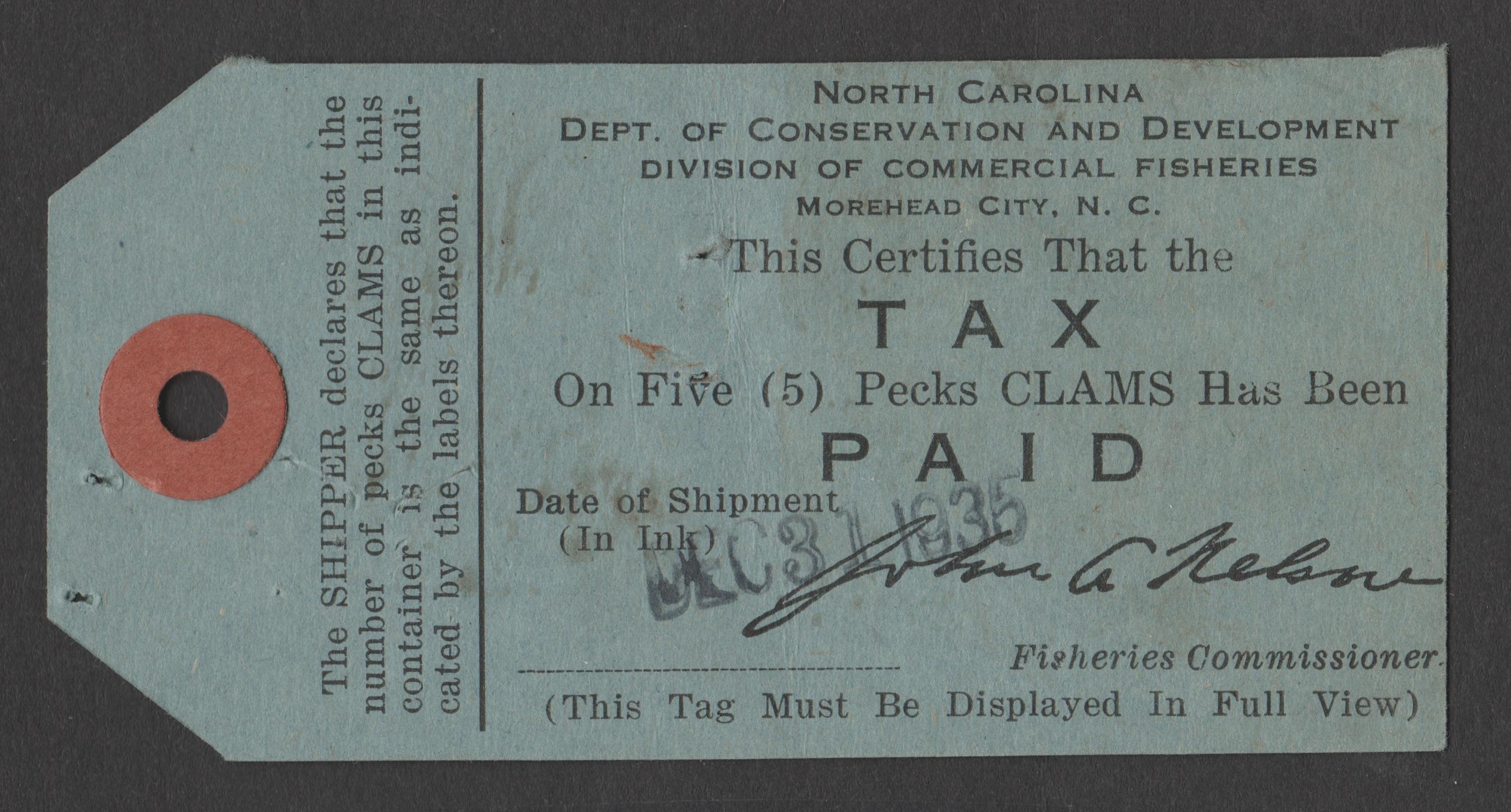 NC clams tag 5 pecks. U VF UNLISTED, staple hole P