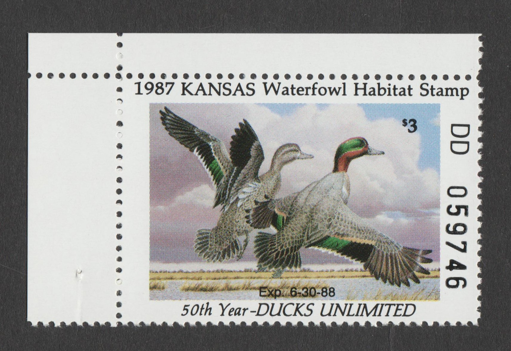 KS waterfowl W1 $3 MNH XF, 1987, corner margin, DD SN prefix intended for sale with prints. Scarce P