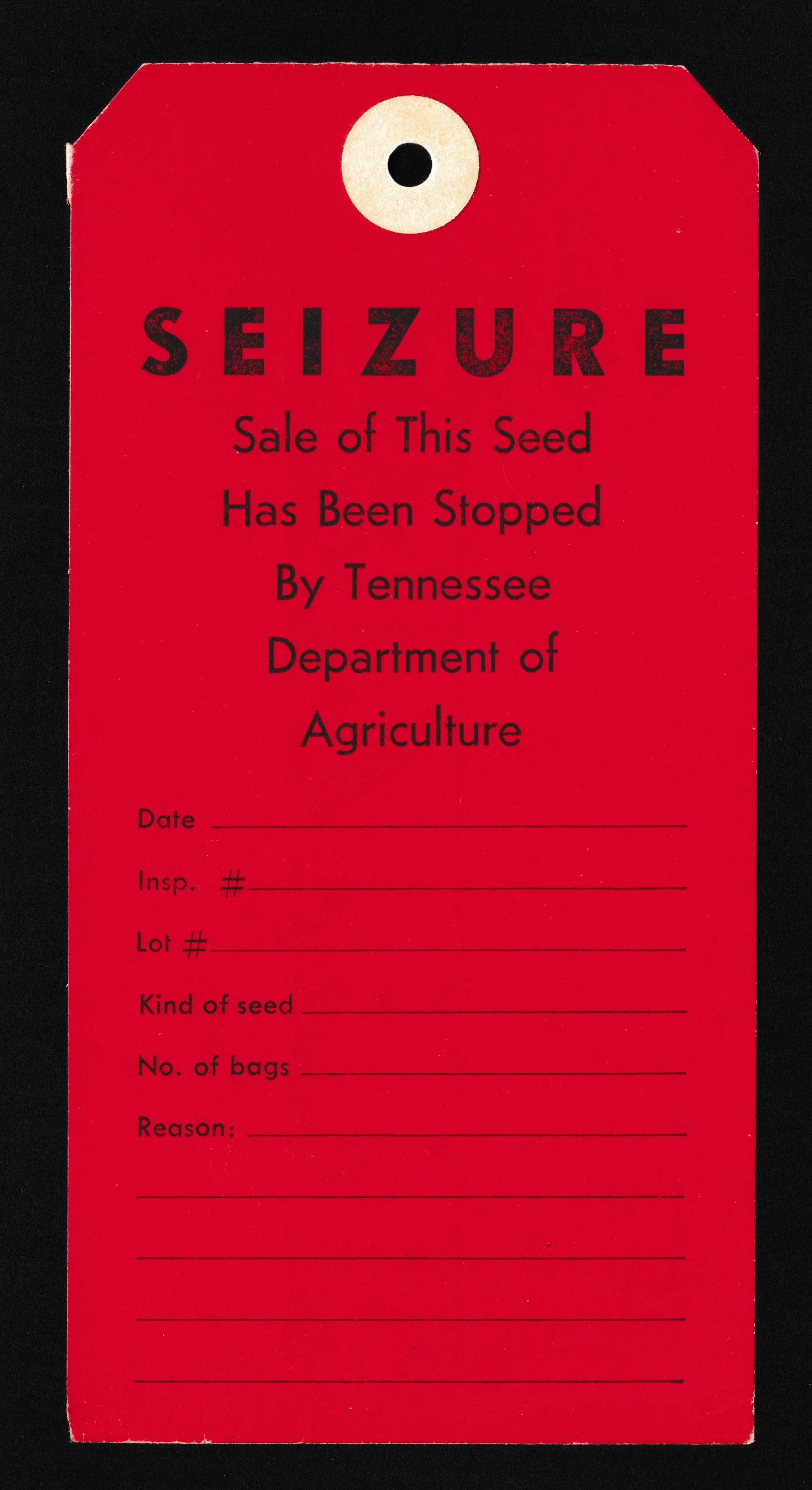 TN seed tag SET? Unlisted red “SEIZURE” tag VF P