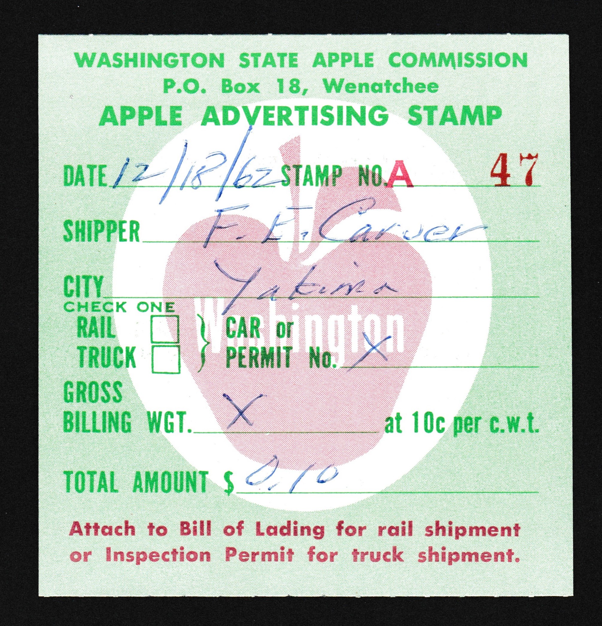 WA apple AP115 $0.10 U VF Shipper F. E. Carver P