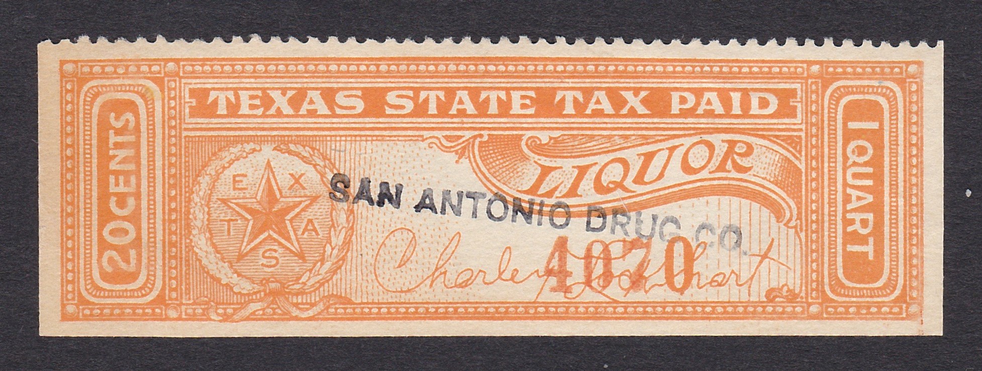 TX liquor L4 20c U VF, SAN ANTONIO DRUG CO. handstamp P