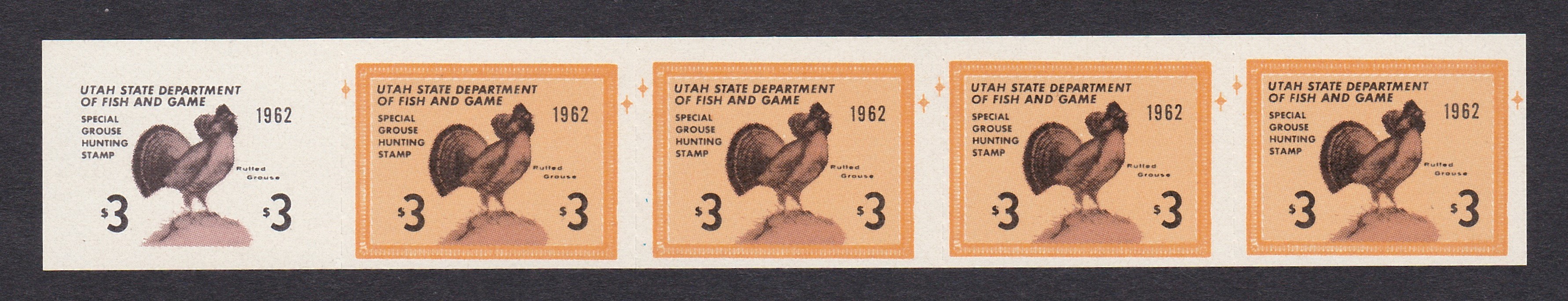 UT grouse GR1 $3 MNH VF strip of 5 P