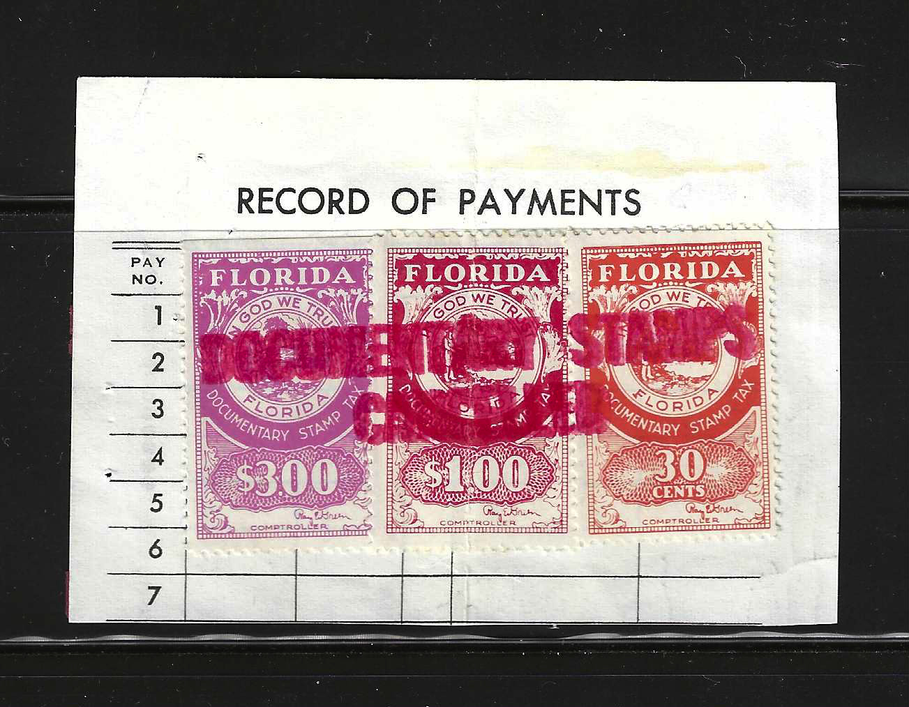 FL documentary D39 (30¢), D42 ($1.00), D46 ($3.00) on piece w/ red cnl 