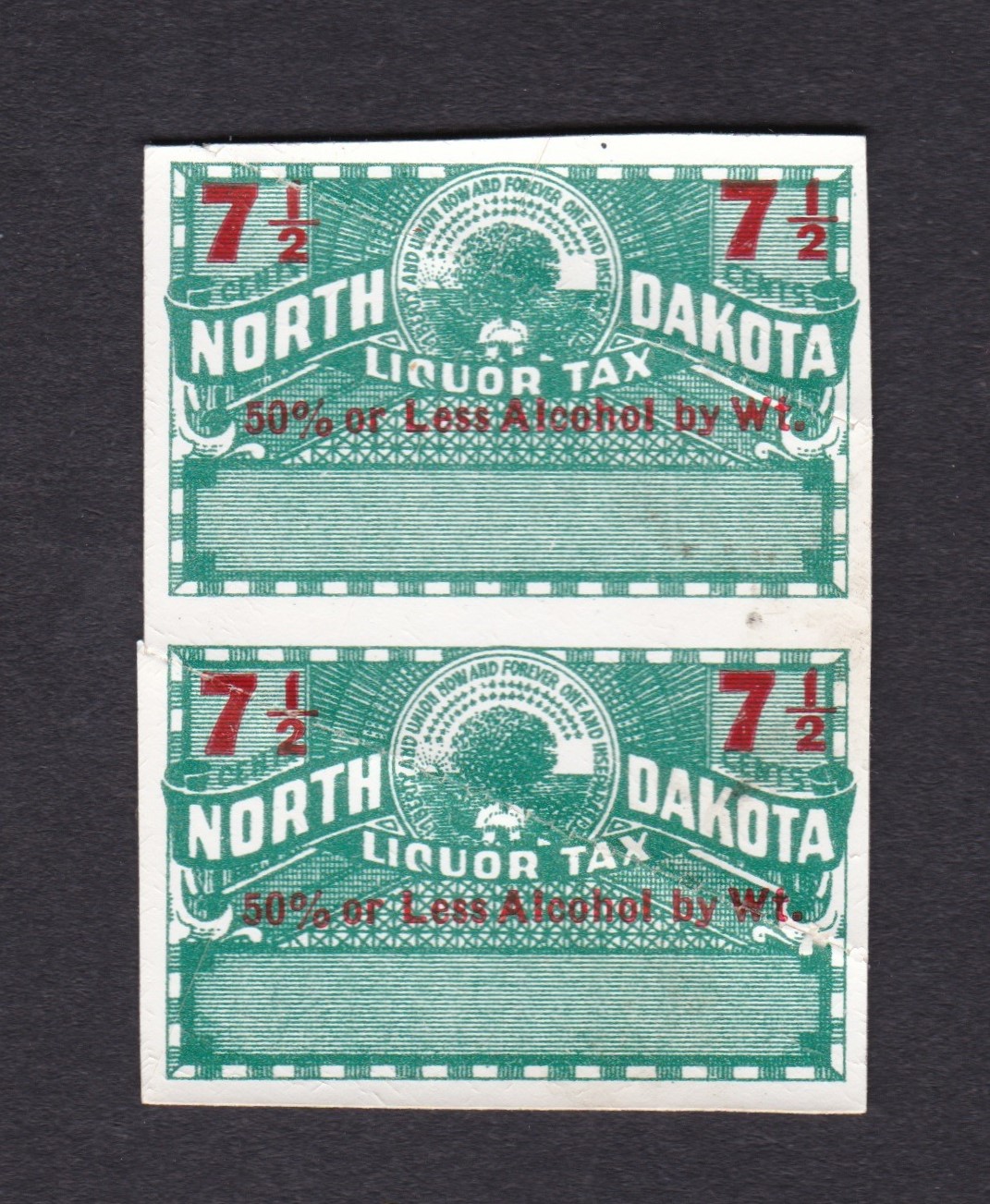 ND liquor L83c 7-1/2c MNH XF, pair, mis-roluette P