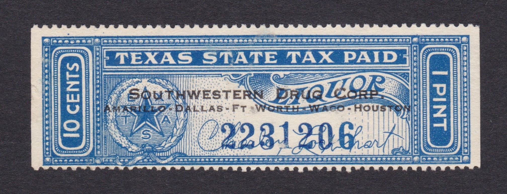 TX liquor L2 10c U F-VF, printed SOUTHWESTERN DRUG CO. P