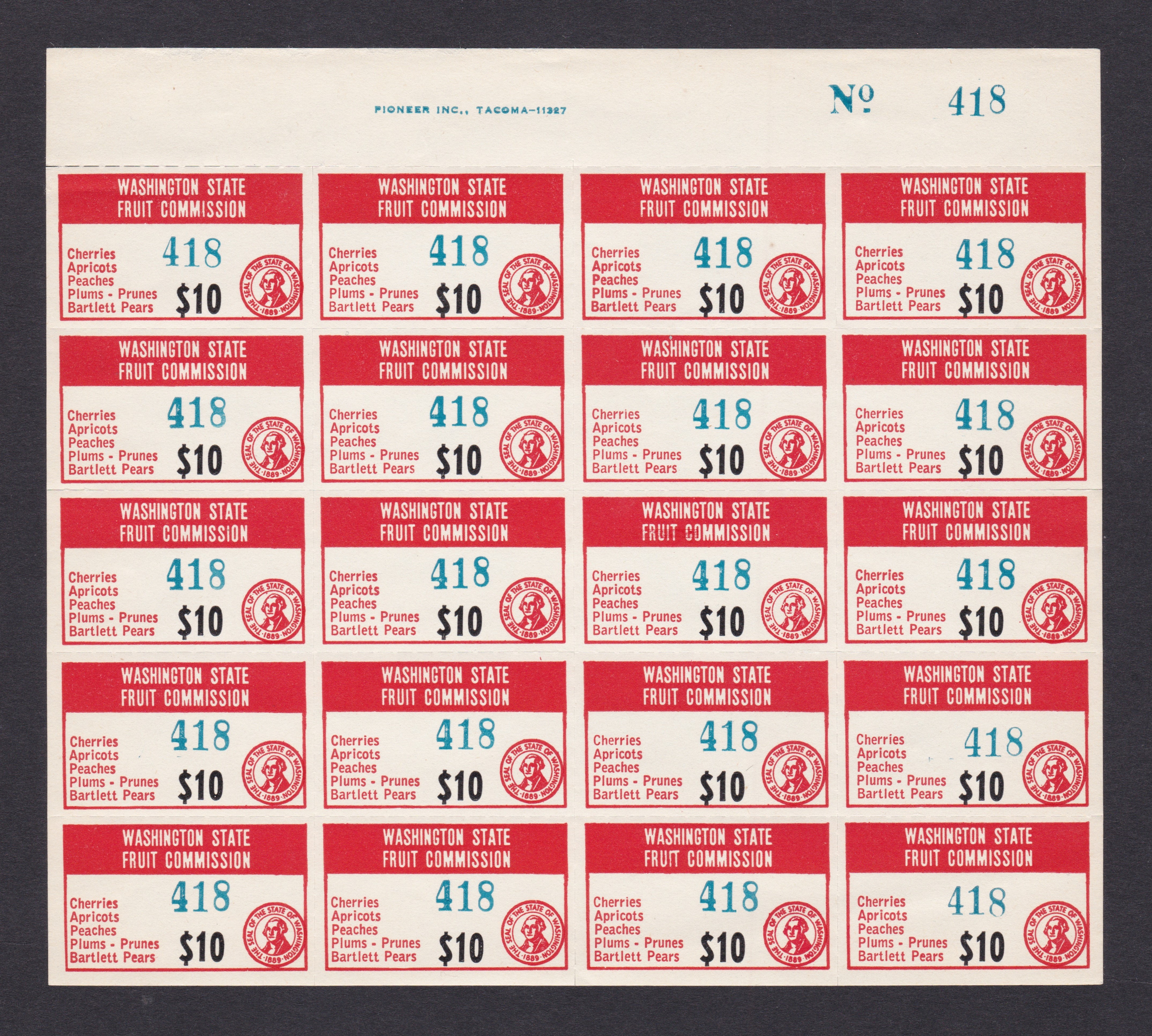 WA fruit FR27 10c MNH VF full pane of 20 w/position & top selvage & position 19 variety, some separation of selvage WP