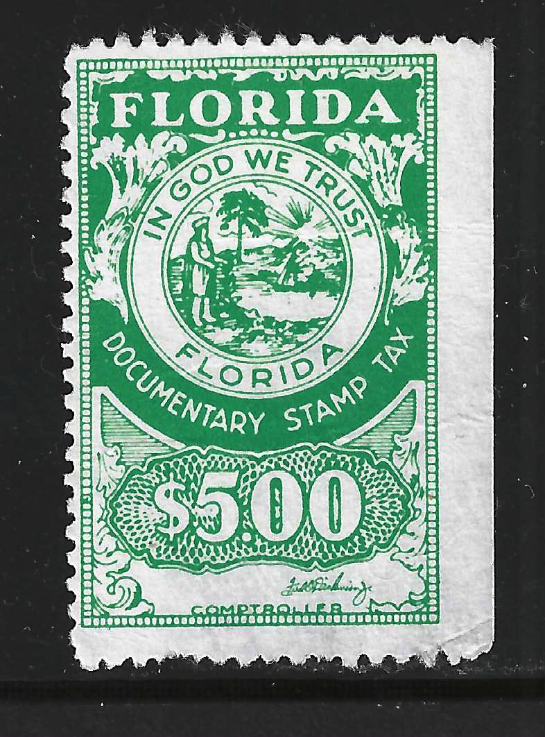 FL documentary D62 $5.00 green small Dickinson sign. U VF w/SE at R