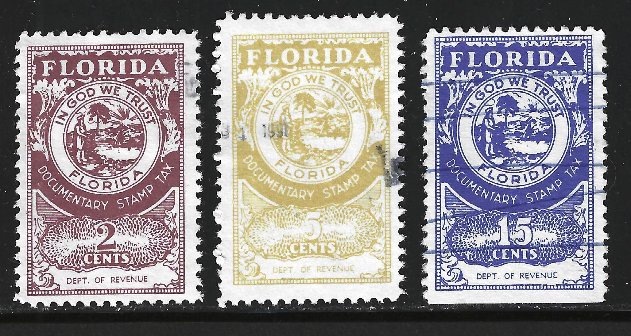 FL documentary D88 (x 2) 10¢ D89 5¢ D90 15¢ Dept of Revenue perf 11 M & U VF 1 w/SE at B