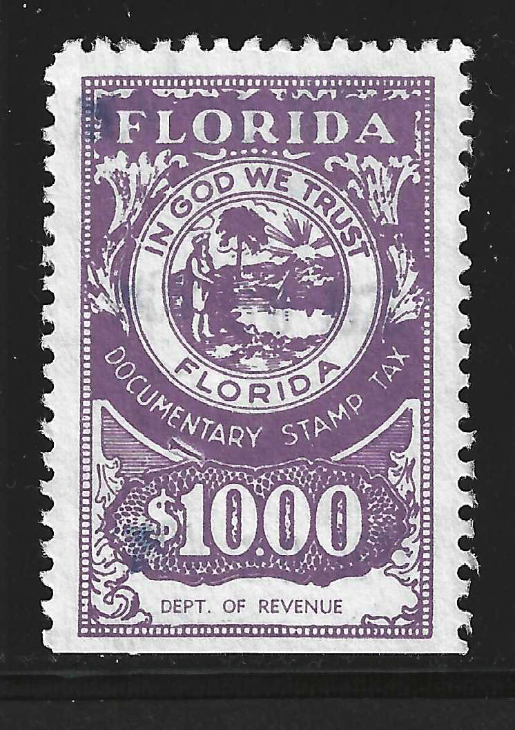 FL documentary  D100 $10.00 purple Dept of Revenue perf 11 U VF