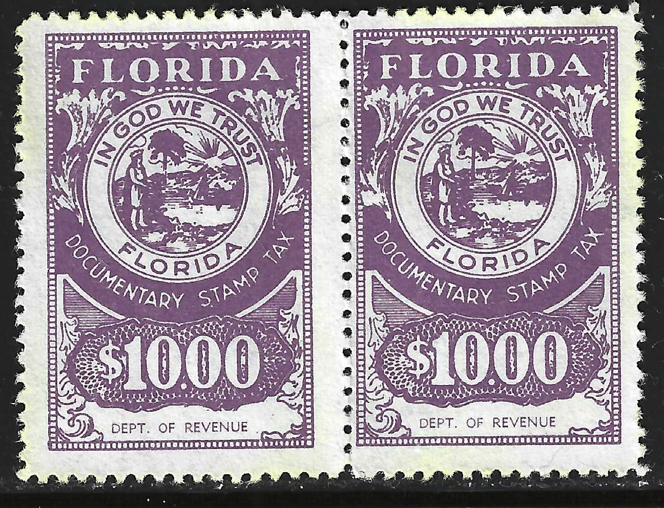 FL documentary D111 $10 horz pair dull purple Dept of Revenue perf 12-1/2 U VF