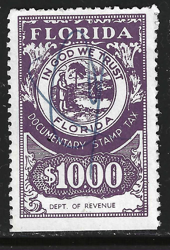 FL documentary D111 $10 dull purple Dept of Revenue perf 12-1/2 U VF w/SE at B