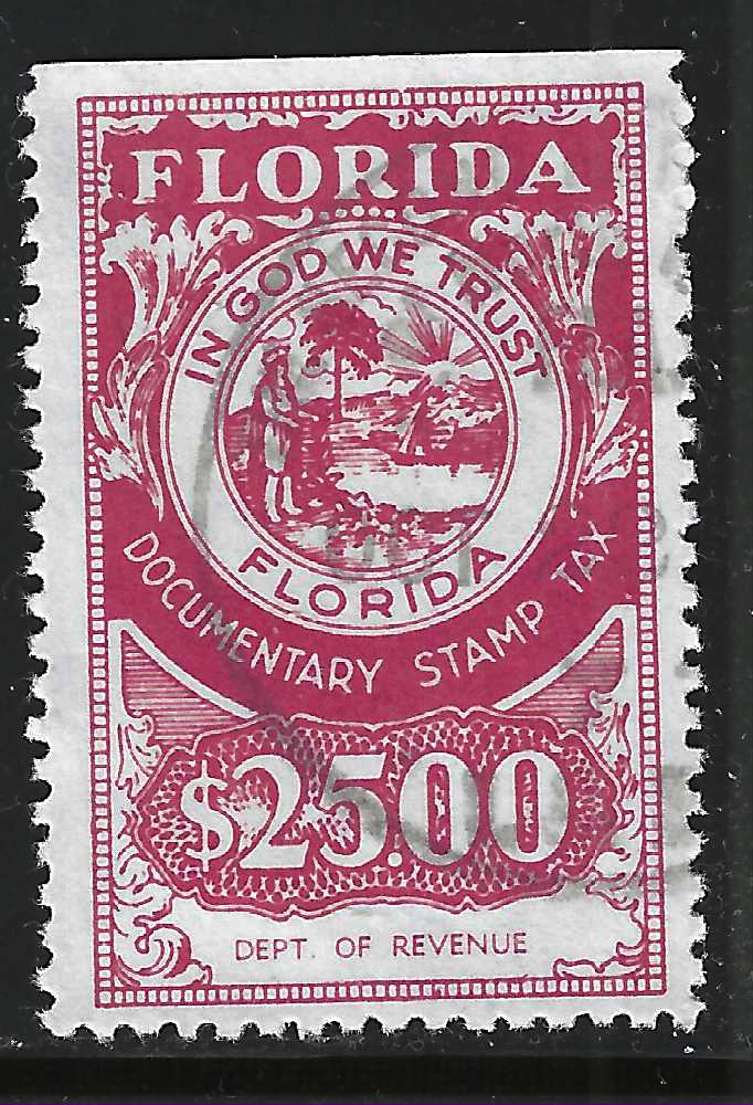 FL documentary D112 $25.00 dull red Dept of Revenue perf 12-1/2 U VF w/ SE at T