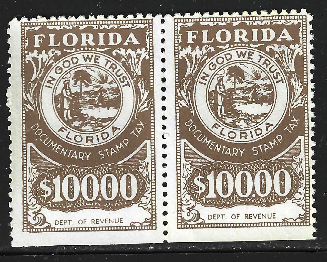 FL documentary D113 $100.00 brown horz pair Dept of Revenue perf 12-1/2 U VF w/SE at B