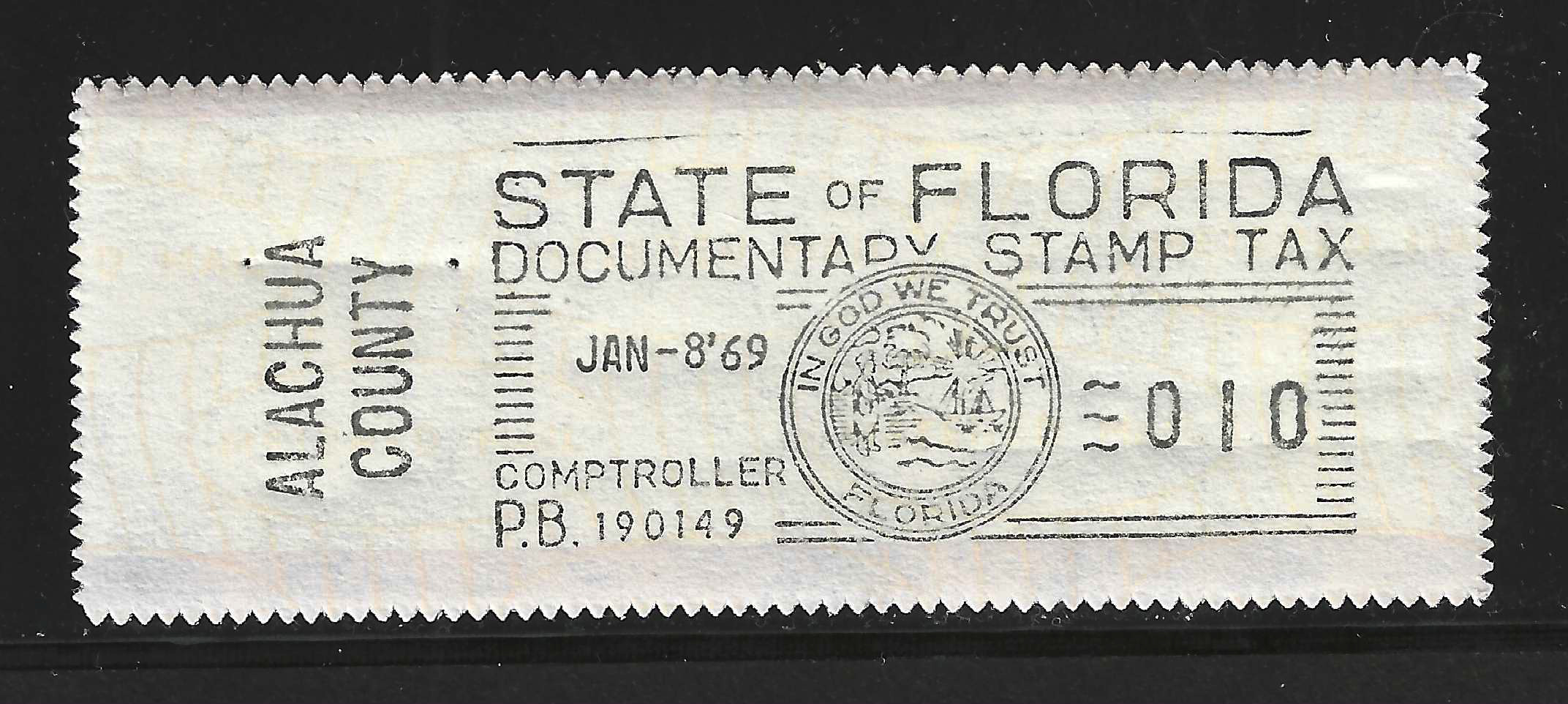 FL documentary meter DM1 w/Alachua County slug 10¢ back & w/ pink end of tape lines on T and B of tape MNH VF