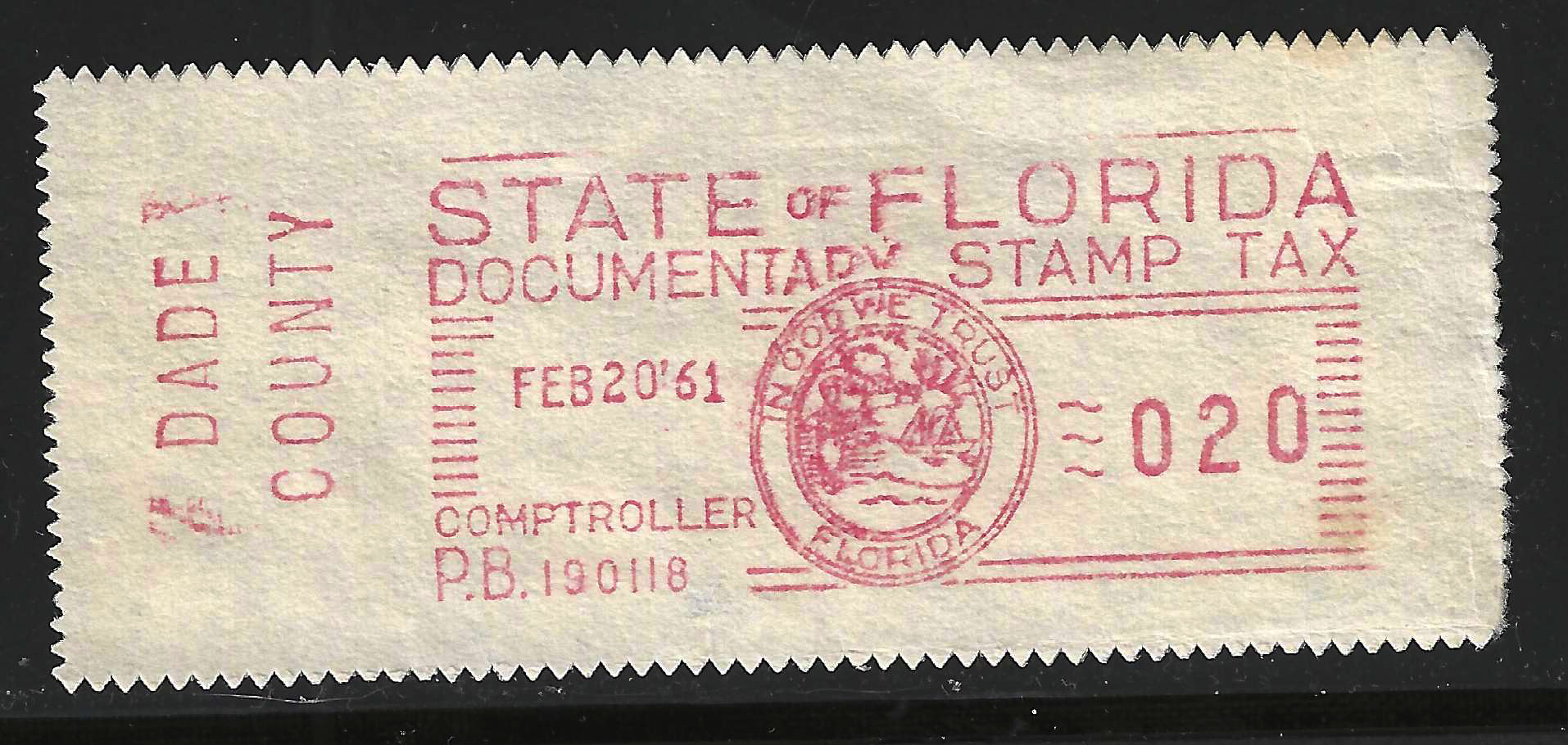 FL documentary meter DM2 w/ Dade County slug 20¢ red U VF