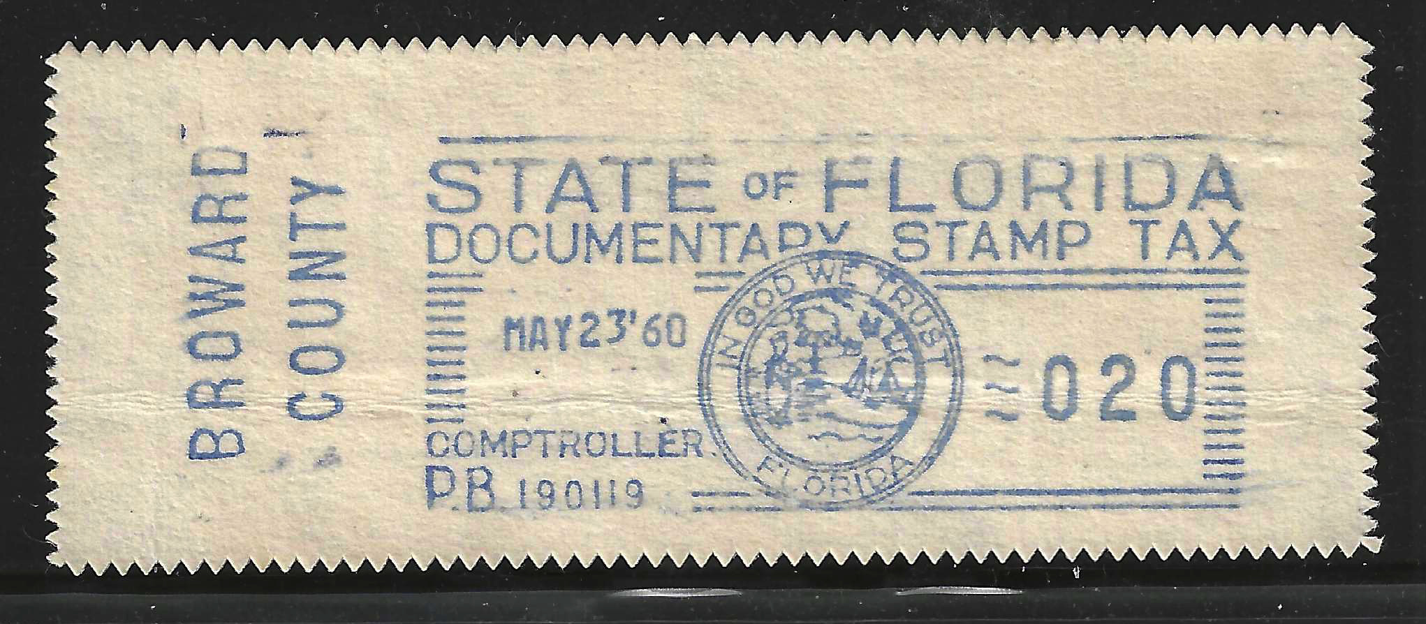 FL documentary meter DM3 w/ Broward County slug 20¢ blue U VF 