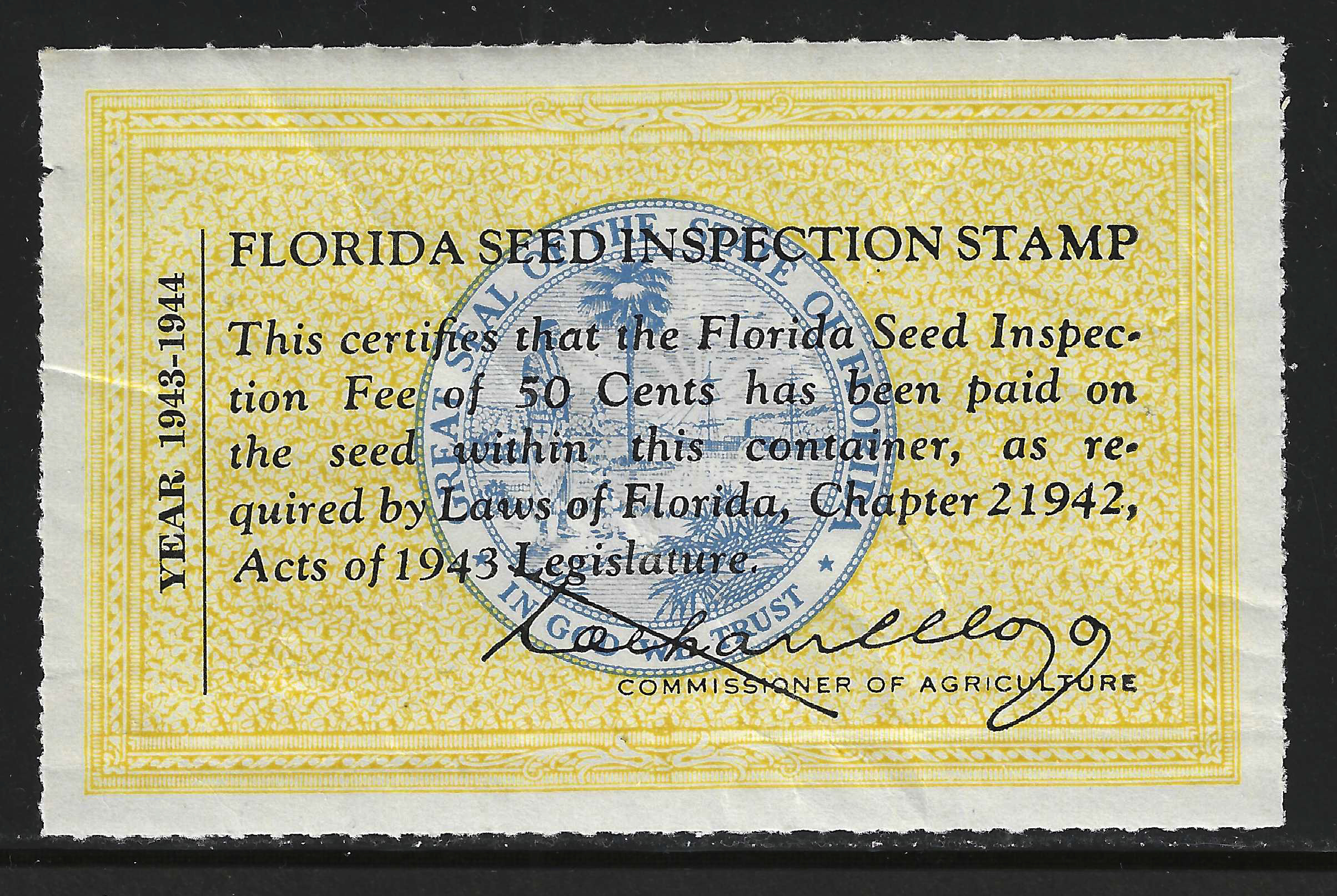 FL packet seed PS3 50¢ 1943-44 yellow (blue) MLH VF w/ gum creases