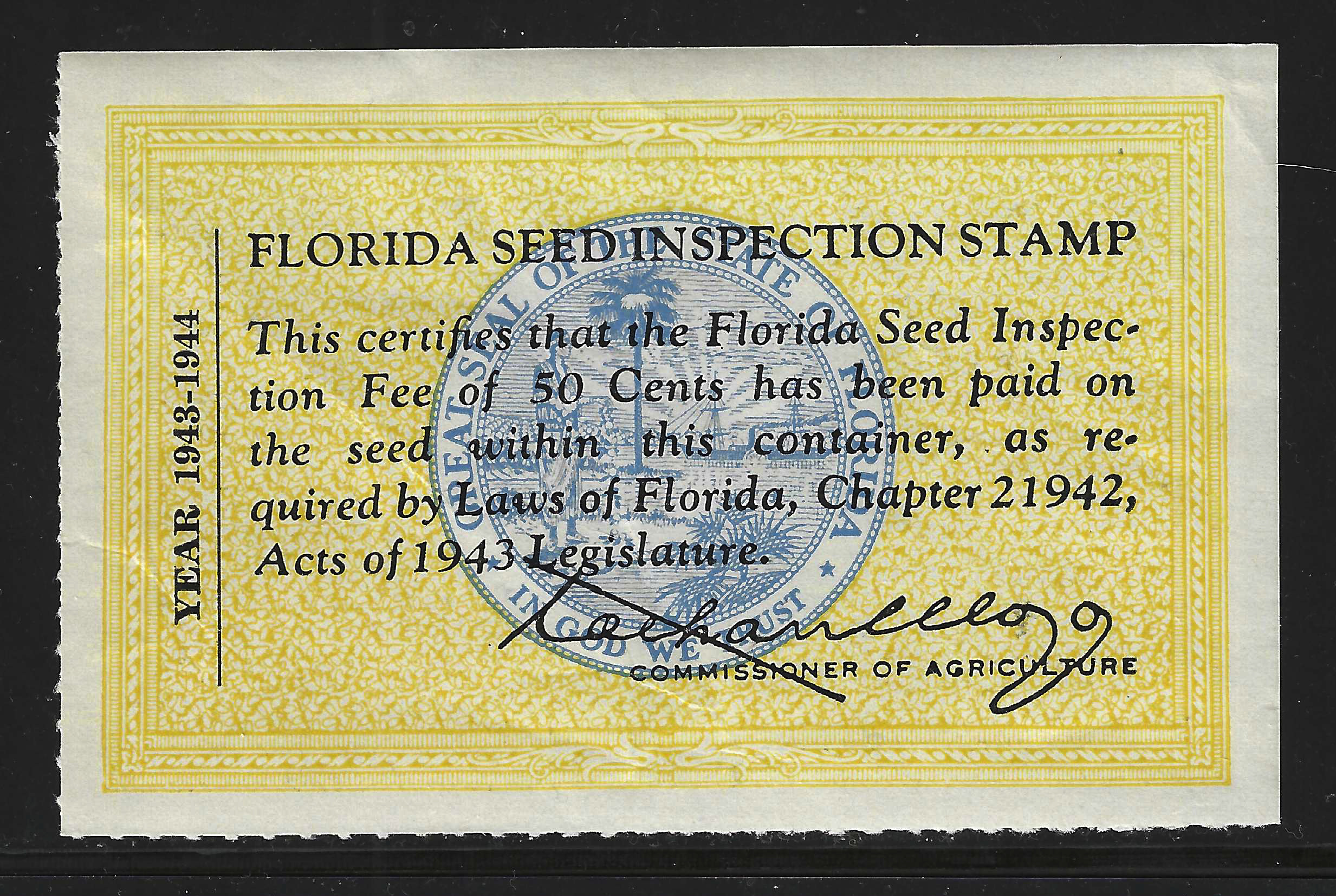 FL packet seed PS3 50¢ 1943-44 yellow (blue) MNH VF w/ gum creases