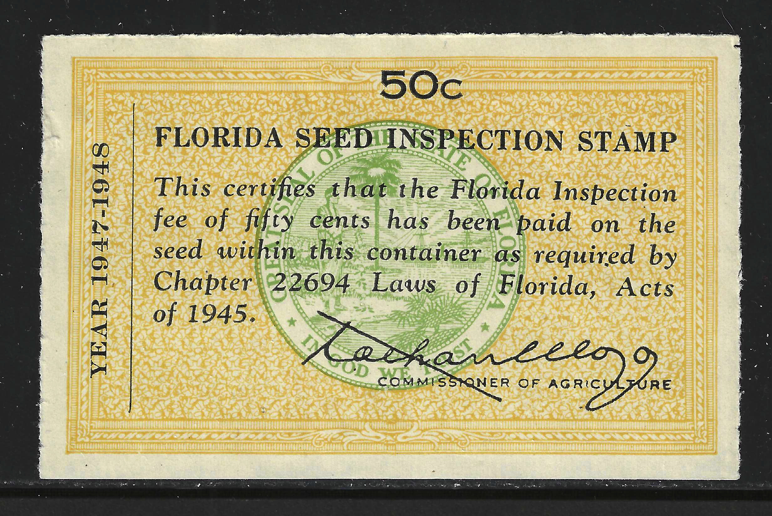 FL packet seed PS10 50¢ 1947-48 yellow (green) MNH VF w/ tiny thin