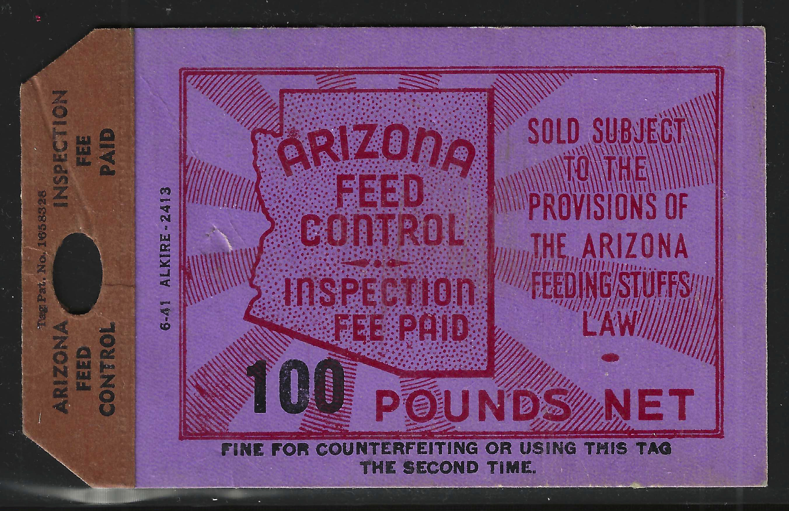 AZ feed tag FET15a 100 lbs w/ "6-41 AIKIRE" M VF