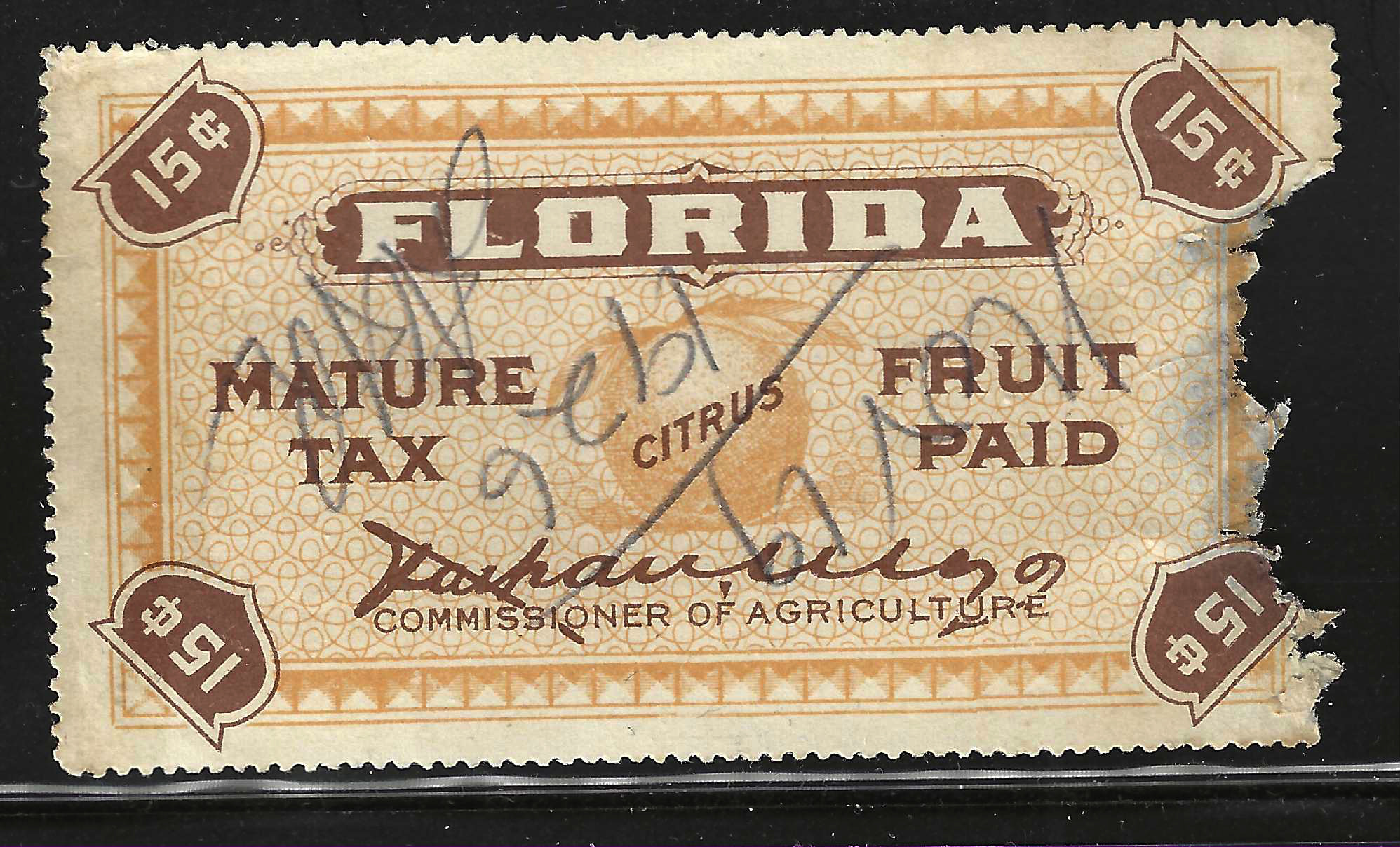 FL citrus fruit CF7 15¢ U VF w/ damage at R side still quite scarce