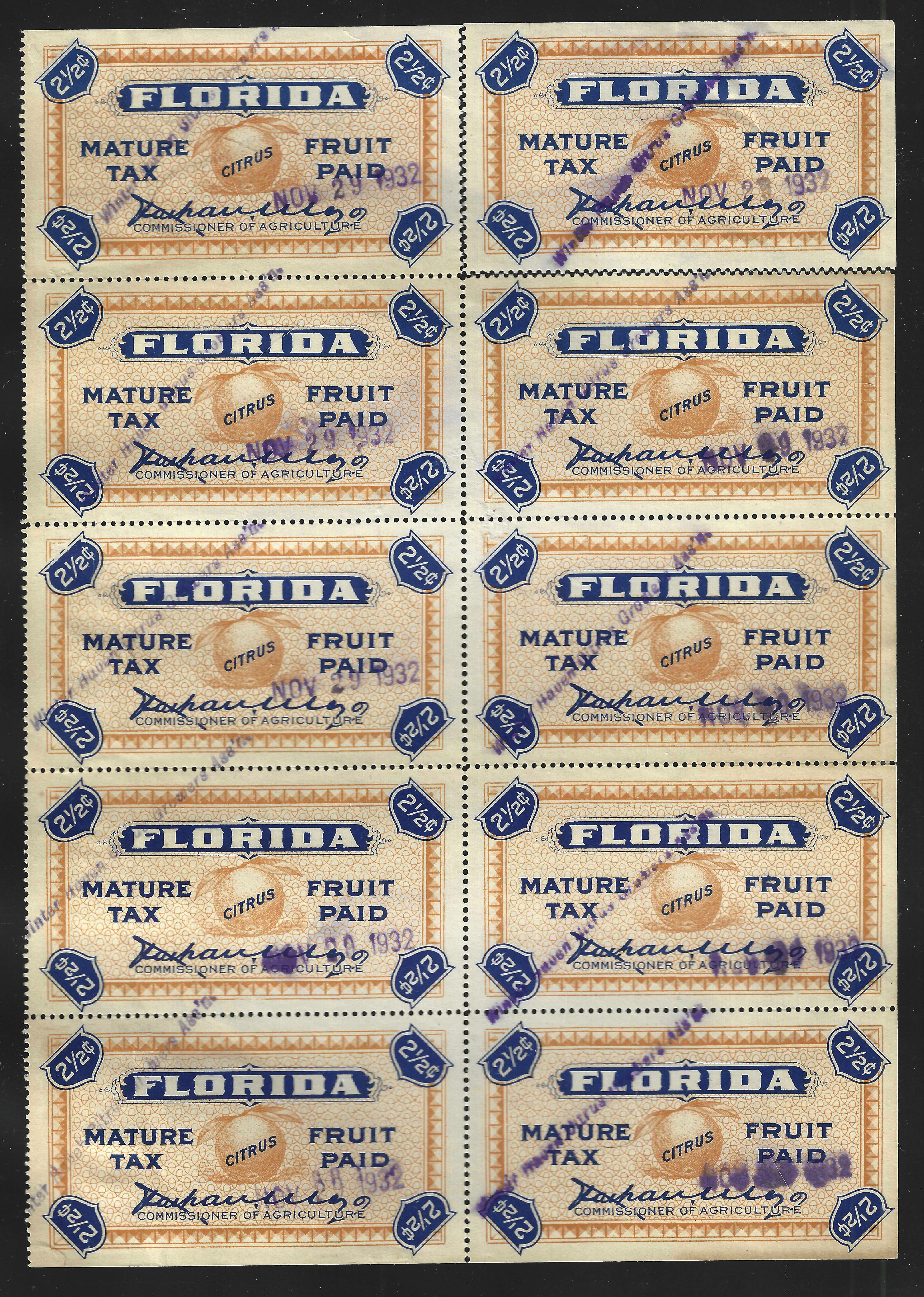 FL citrus fruit CF 15 2-1/2¢ pane/10 w/ one stamp separated U VF