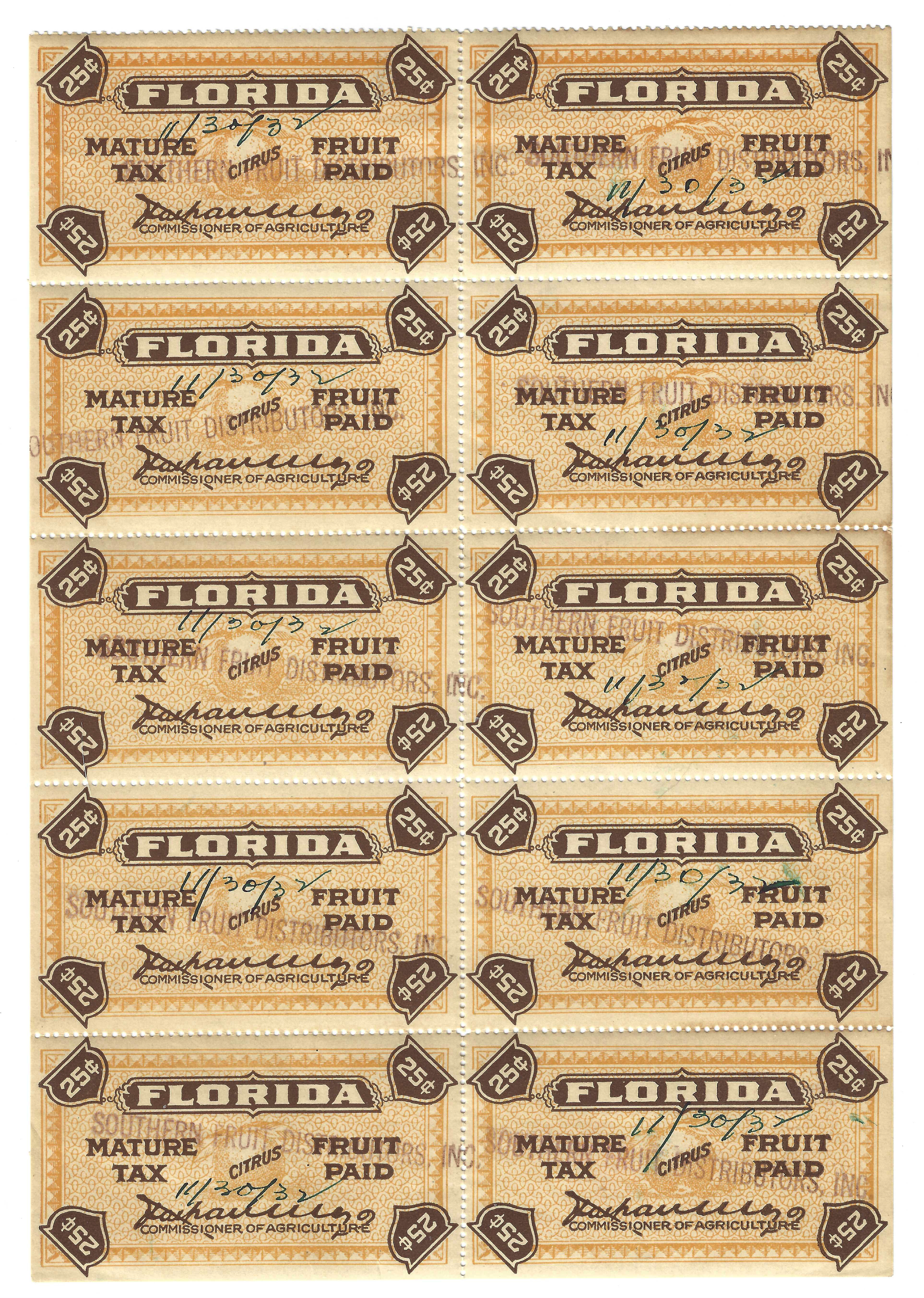 FL citrus fruit CF 21 25¢ pane/10 U VF