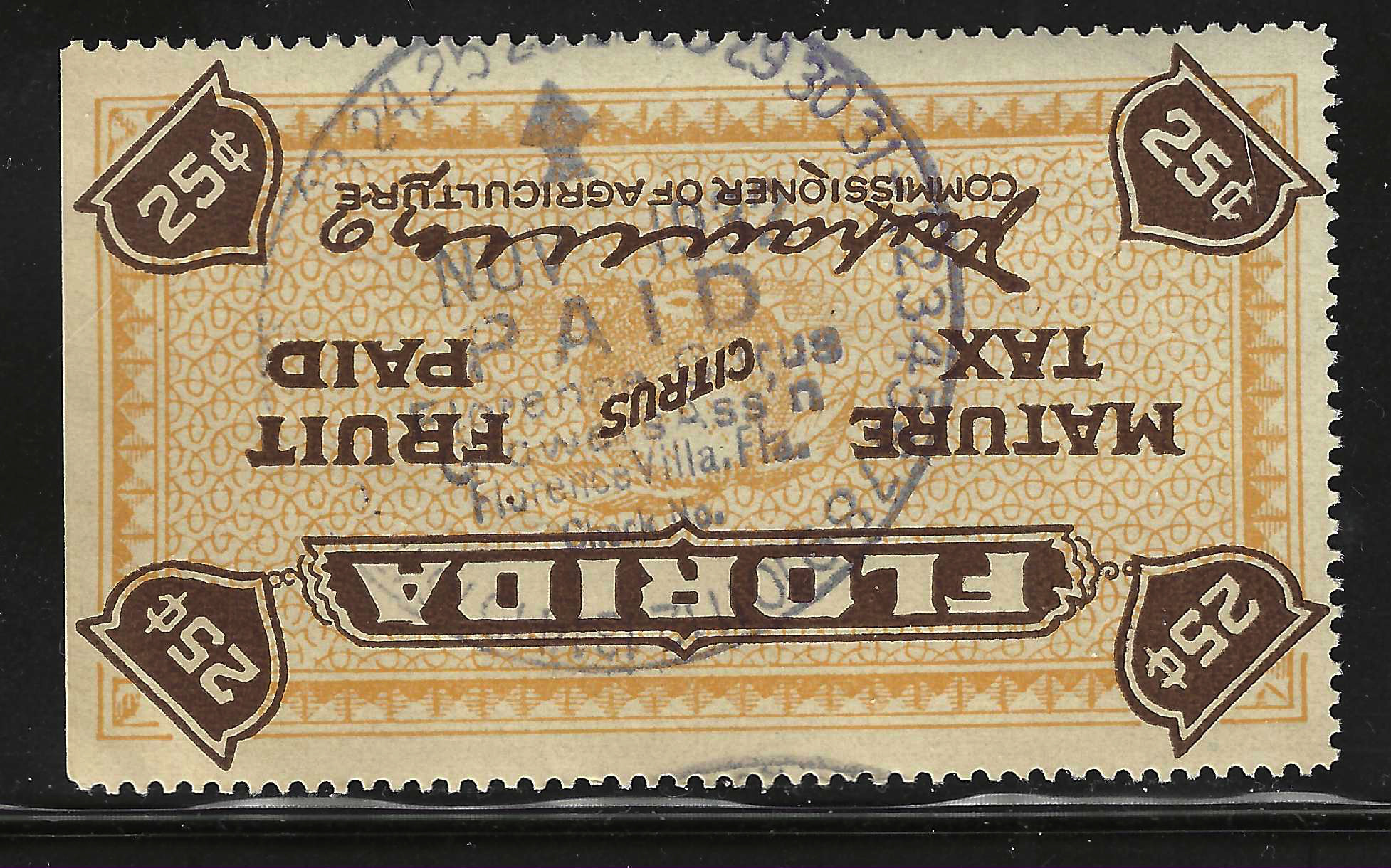 FL citrus fruit CF21 25¢ U VF w/ nice hdstamp cancel 