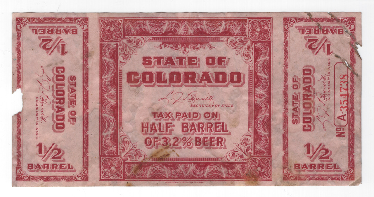 CO beer B45a 1/2 bbl 3.2% beer U VF w/ marginal flts & stains