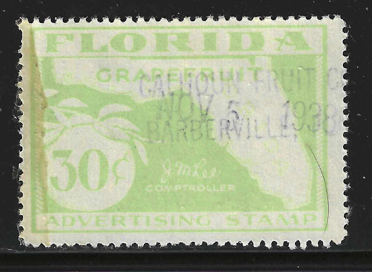 FL grapefruit GR15 30¢ lt green perfs on 4 sides U VF tape stain at R