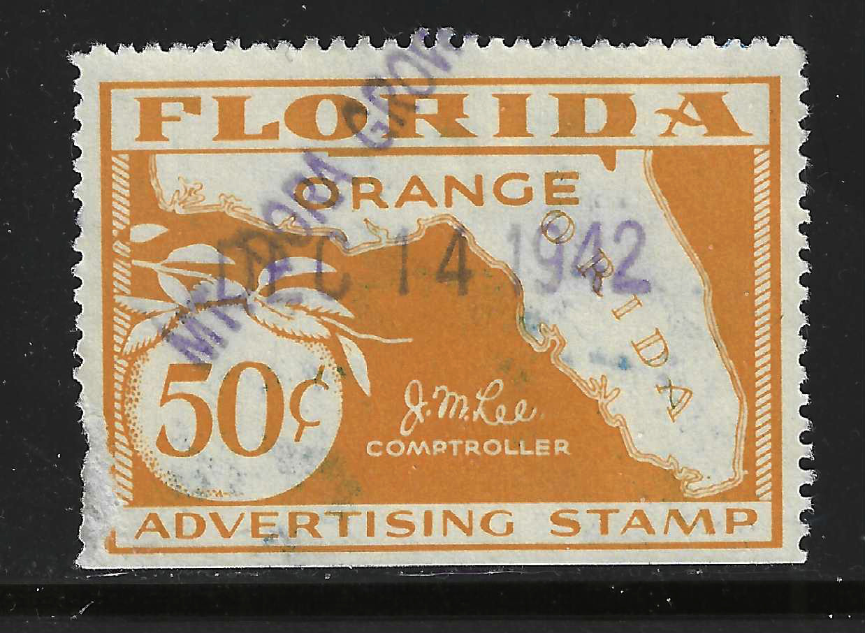 FL orange OR16 50¢ yellow orange U VF w/ SE at B & short perf at L