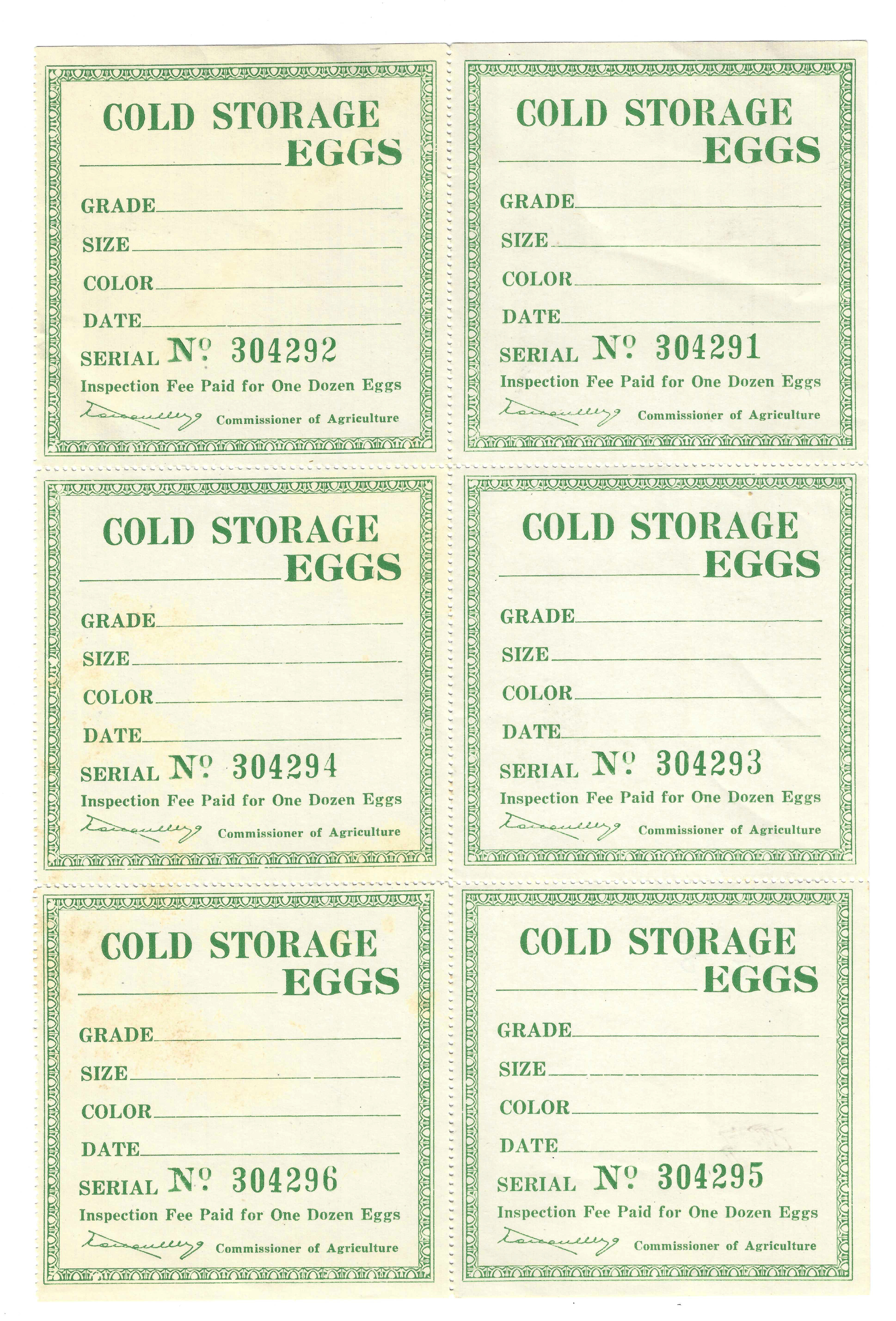 FL eggs, carton E2 Cold Storage Eggs green pane/6 MNH VF 