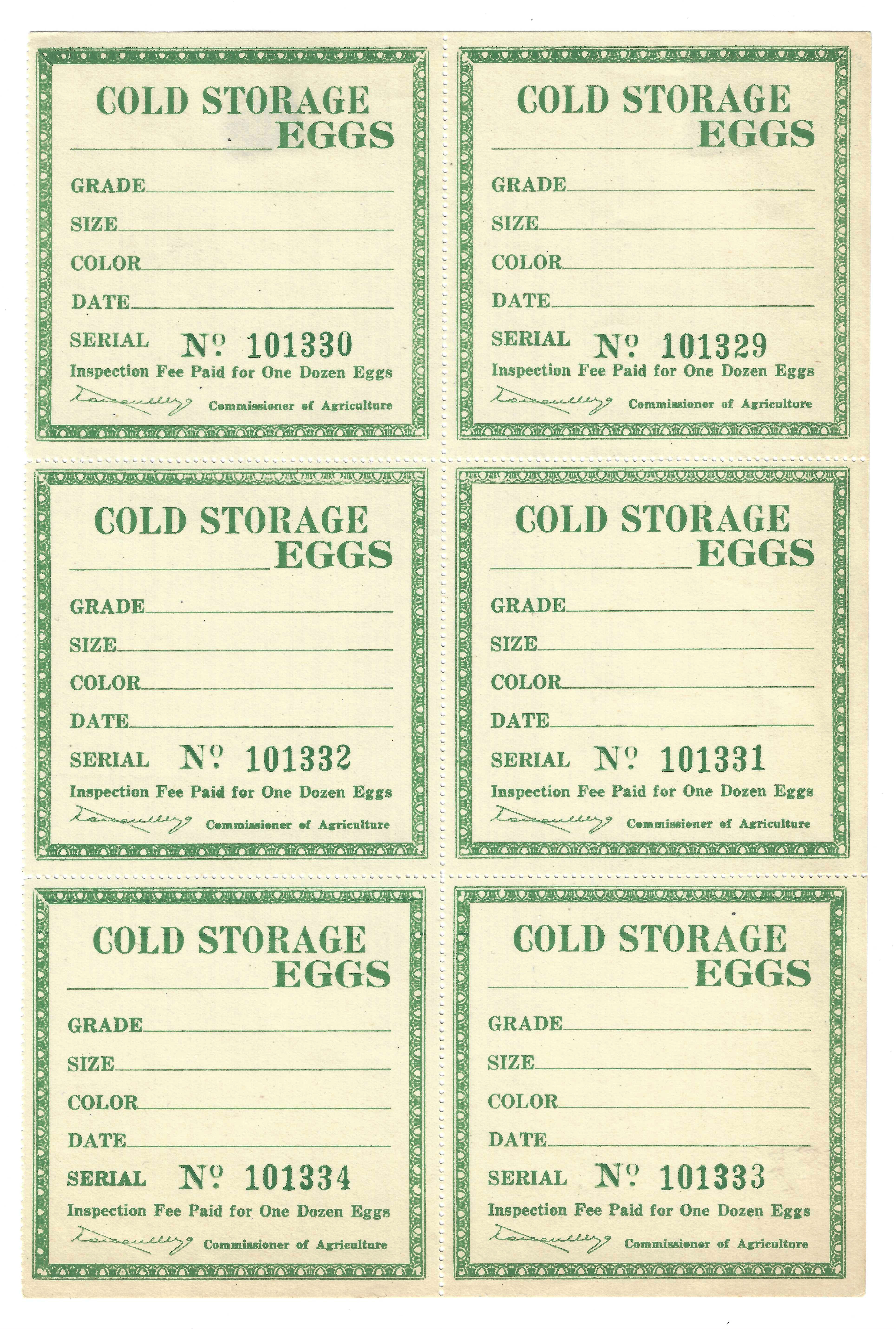 FL eggs, carton E2 var Cold Storage Eggs dk green var pane/6 MNH VF 