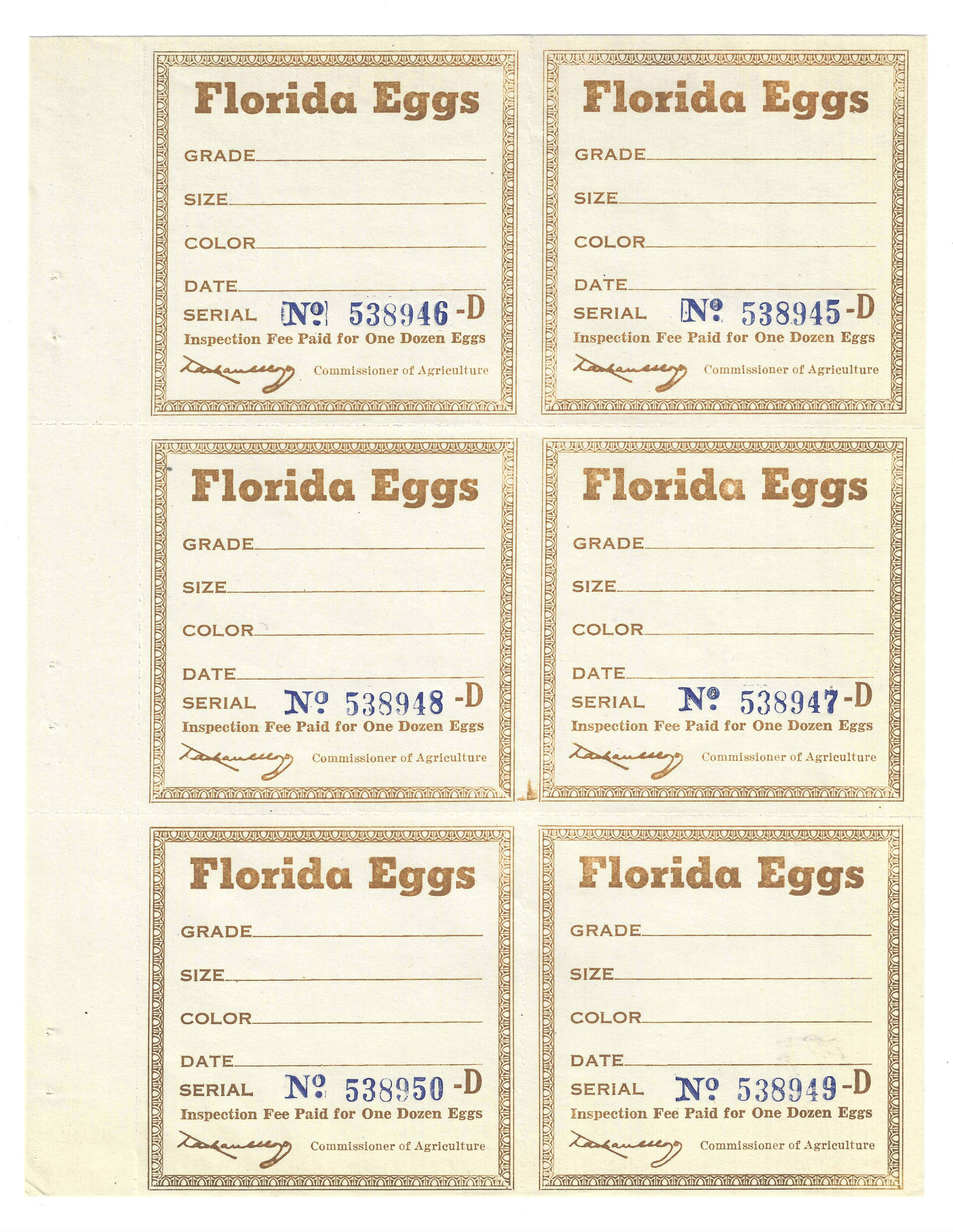 FL eggs, carton E5a Florida Eggs gold pane/6 MNH VF