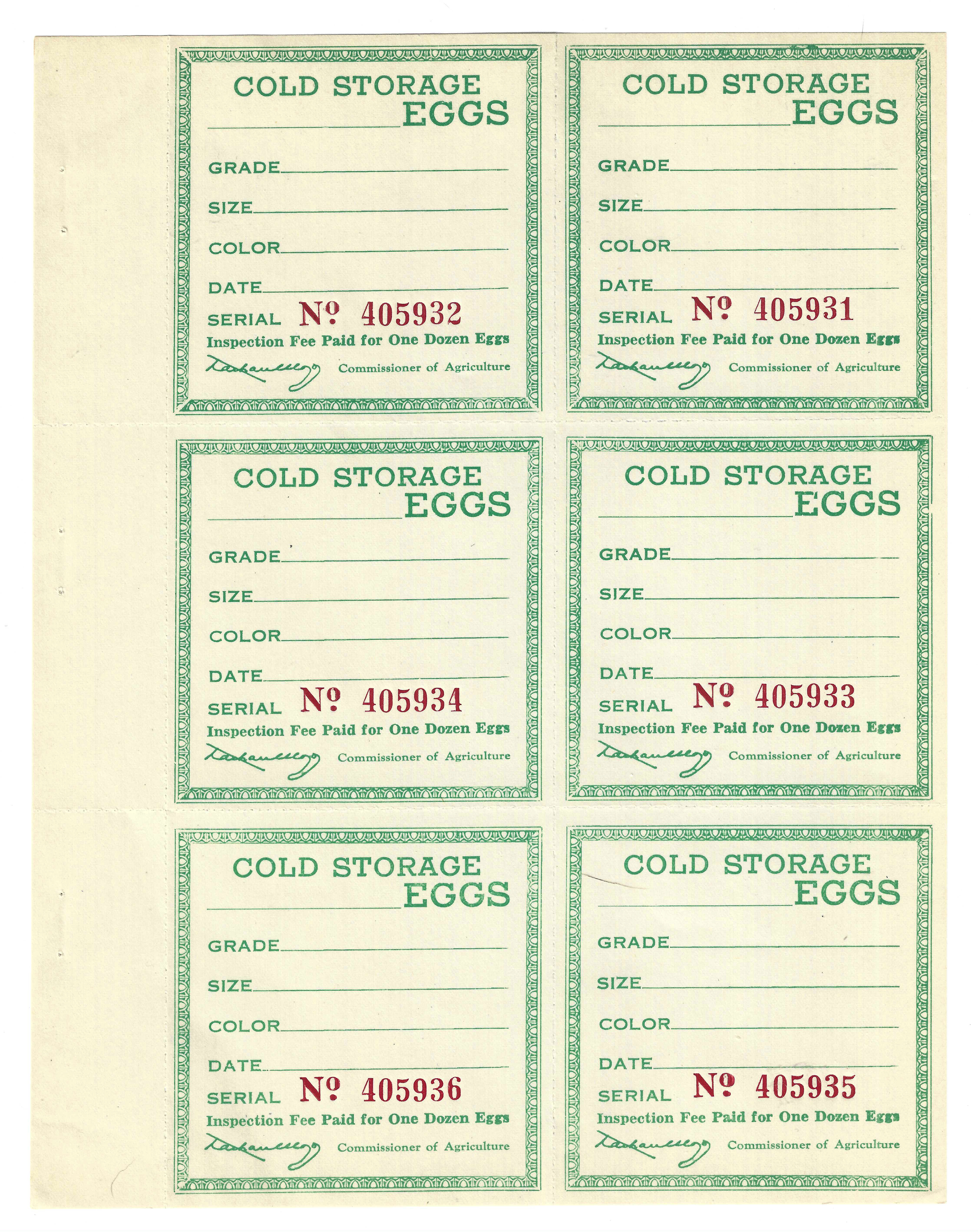 FL eggs, carton E6 Cold Storage Eggs green pane/6 MNH VF w/ red serial numbers