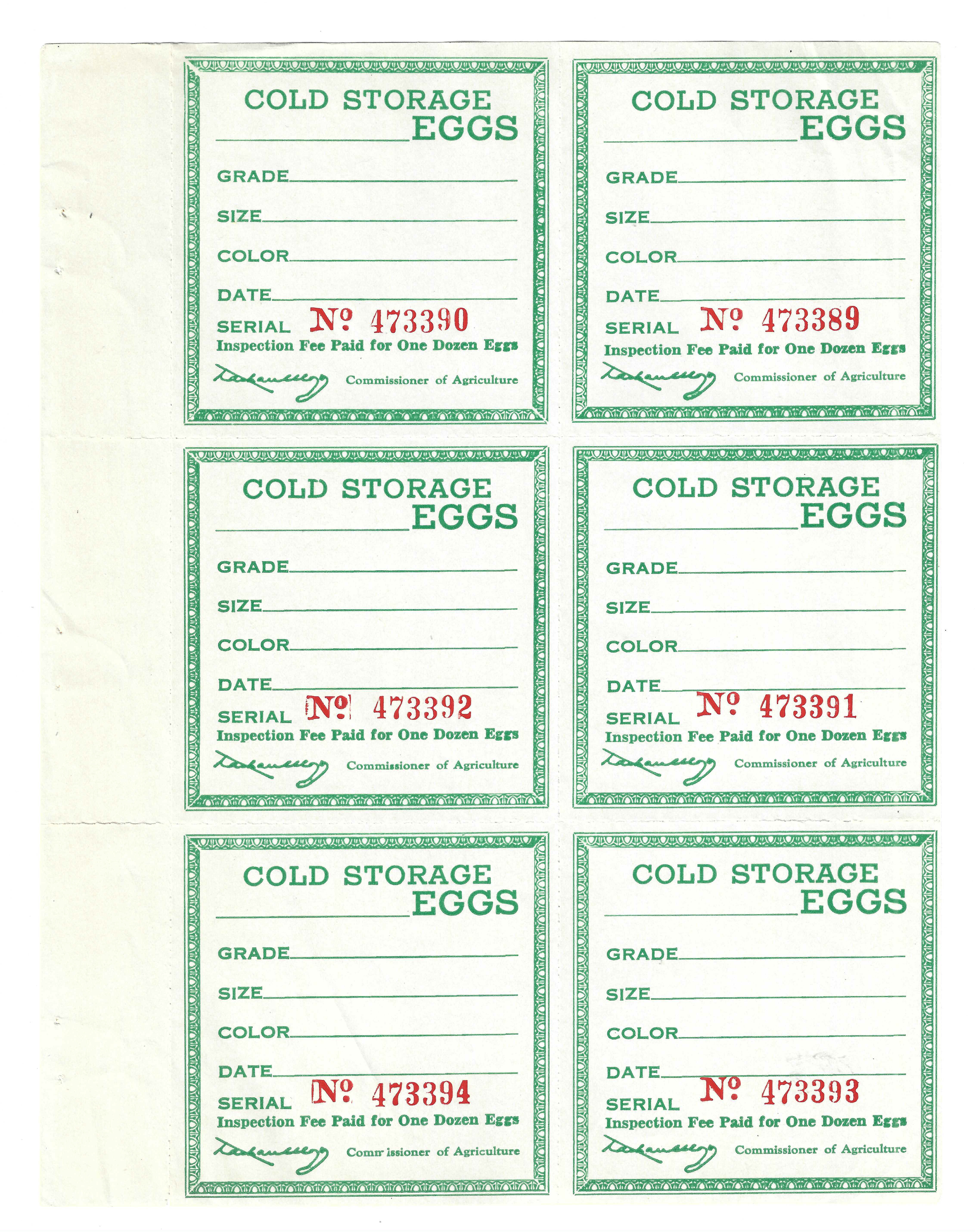 FL eggs, carton E6a Cold Storage Eggs green pane/6 MNH w/ orange red serial numbers