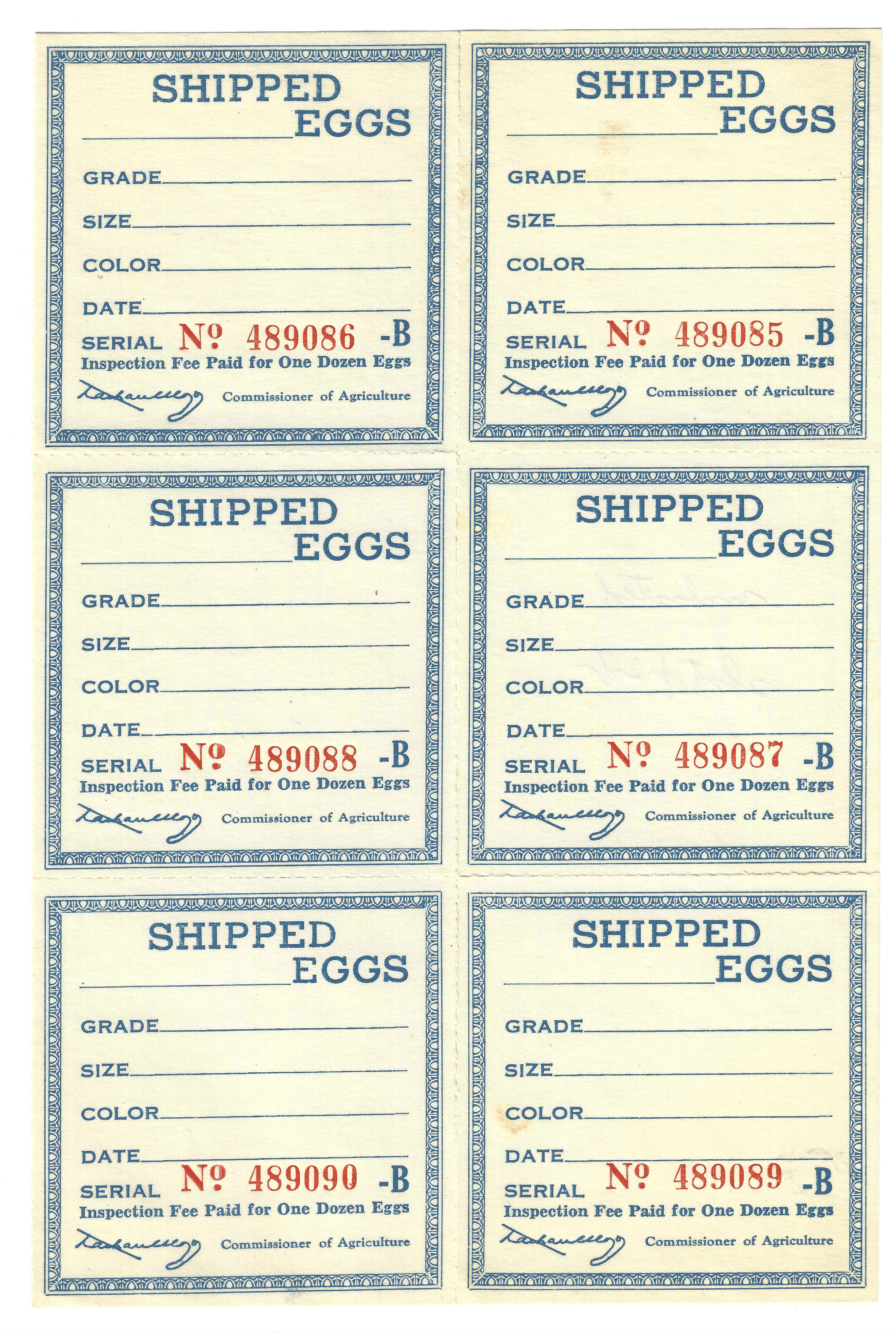 FL eggs, carton E7 Shipped Eggs "B" blue pane/6 MNH VF