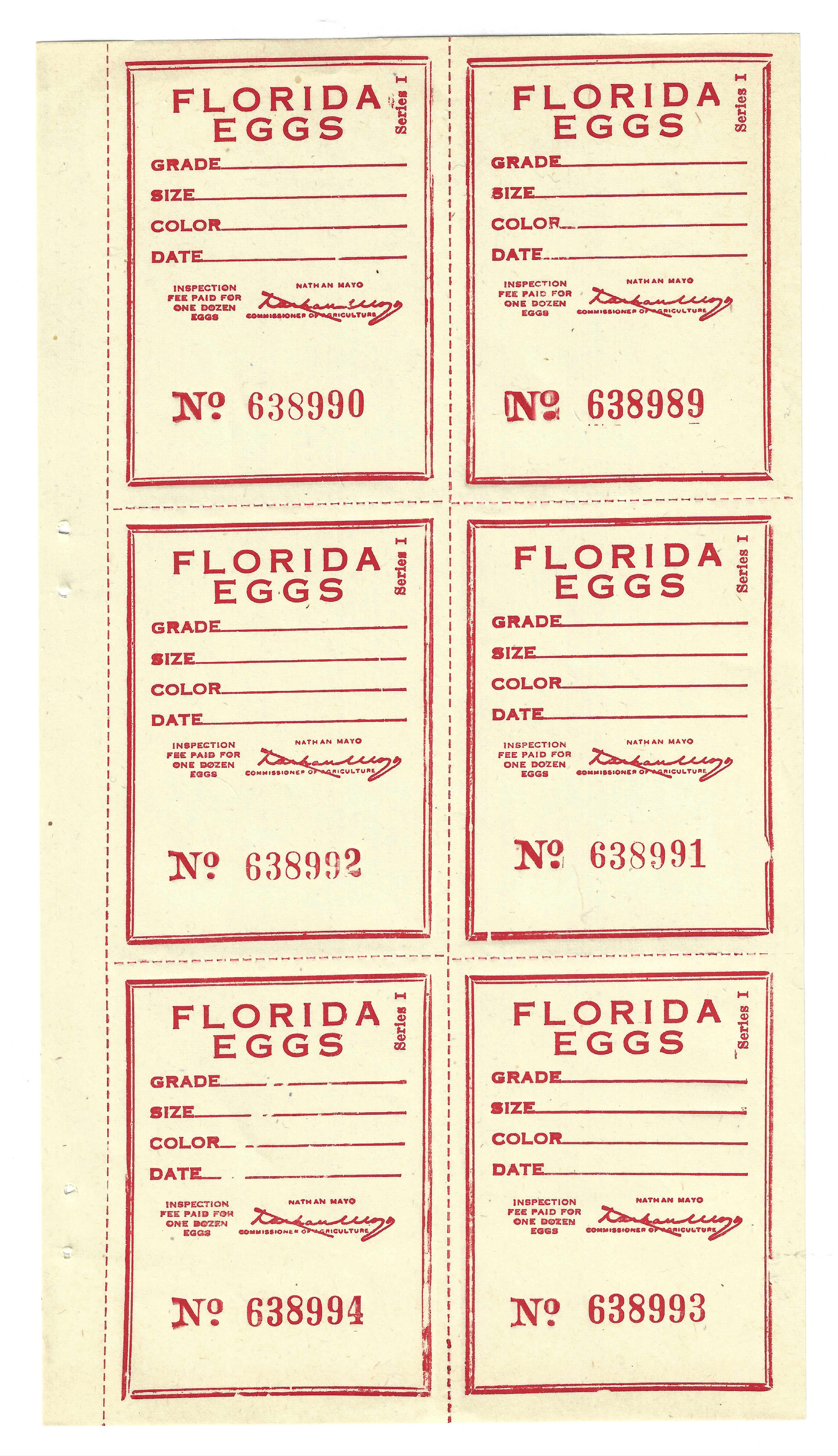 FL eggs, carton  E10 Florida Eggs Series I red pane/6 MNH VF