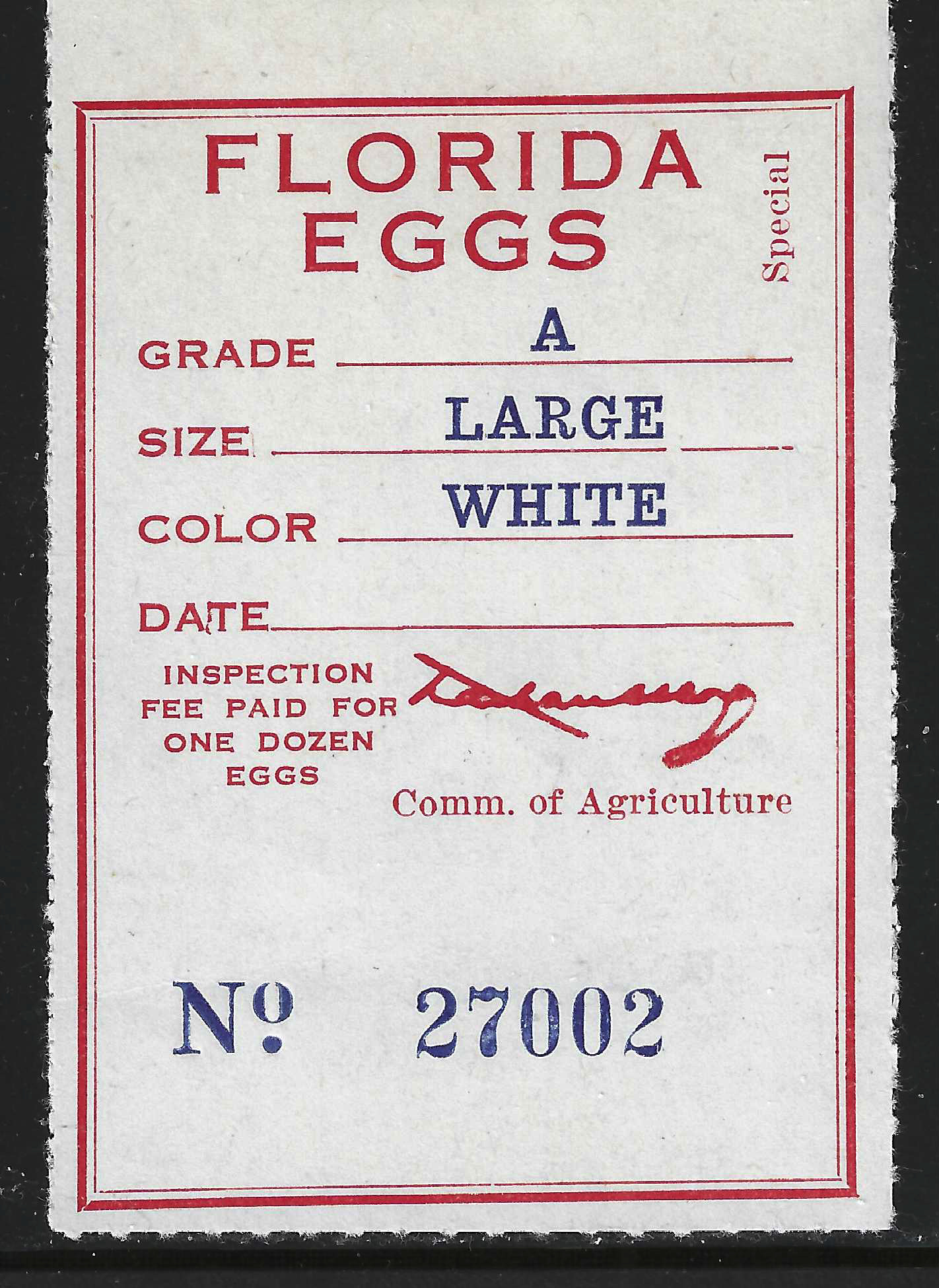 FL eggs, carton E12 Florida Eggs Special w/"A/LARGE/WHITE" in blue MNH VF scarce