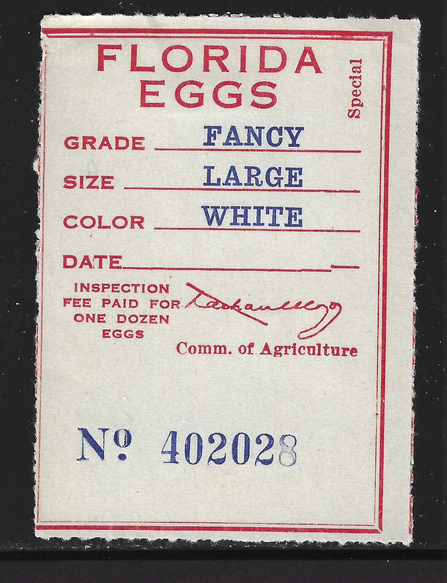 FL eggs, carton E12 Florida Eggs Special w/ "FANCY/LARGE/WHITE" in blue MNH VF scarce