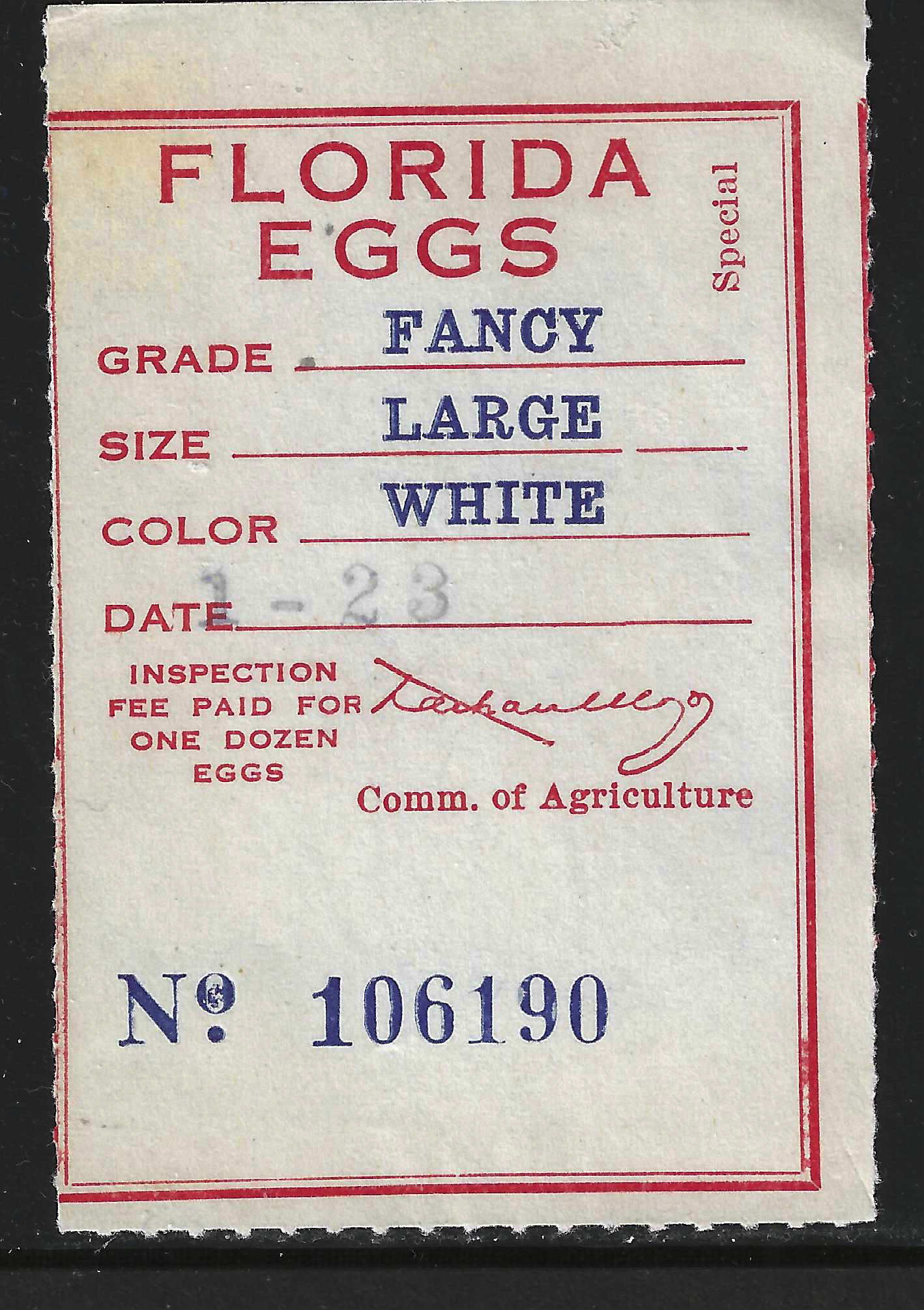 FL eggs, carton E12 Florida Eggs Special w/"FANCY/LARGE/WHITE"in blue U VF scarce