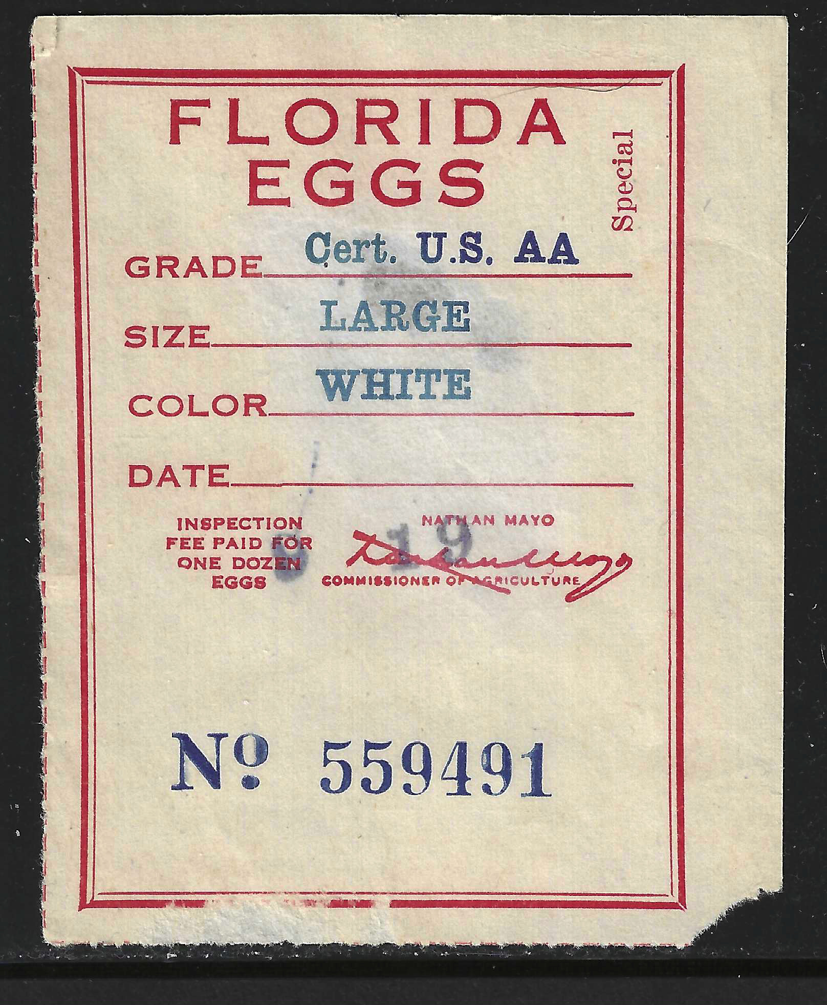 FL eggs, carton E12 Florida Eggs Special w/ "Cert. U.S. AAA/LARGE/WHITE" in blue U VF very scarce