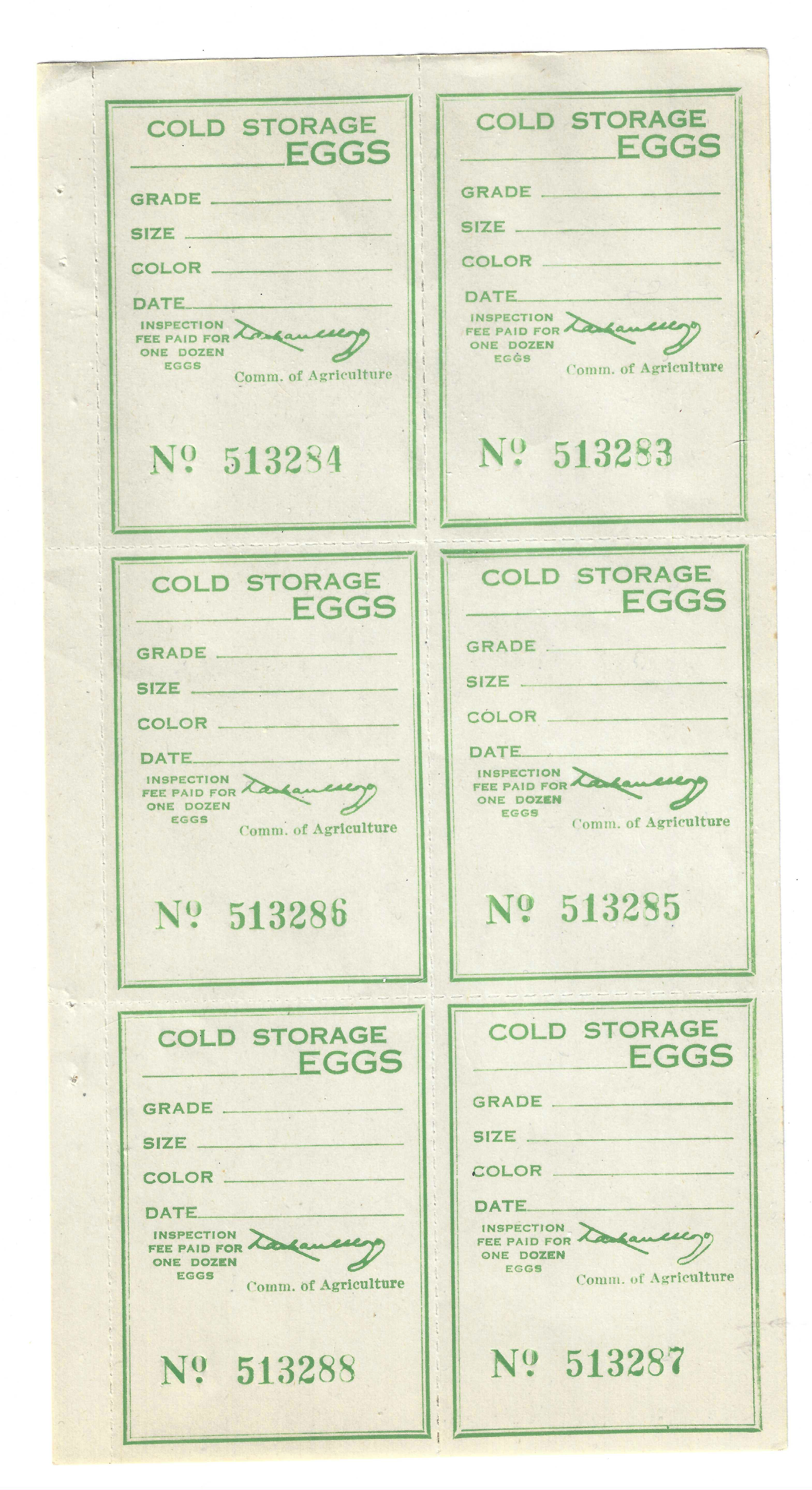 FL eggs, carton E13 Cold Storage Eggs green pane/6 MNHVF