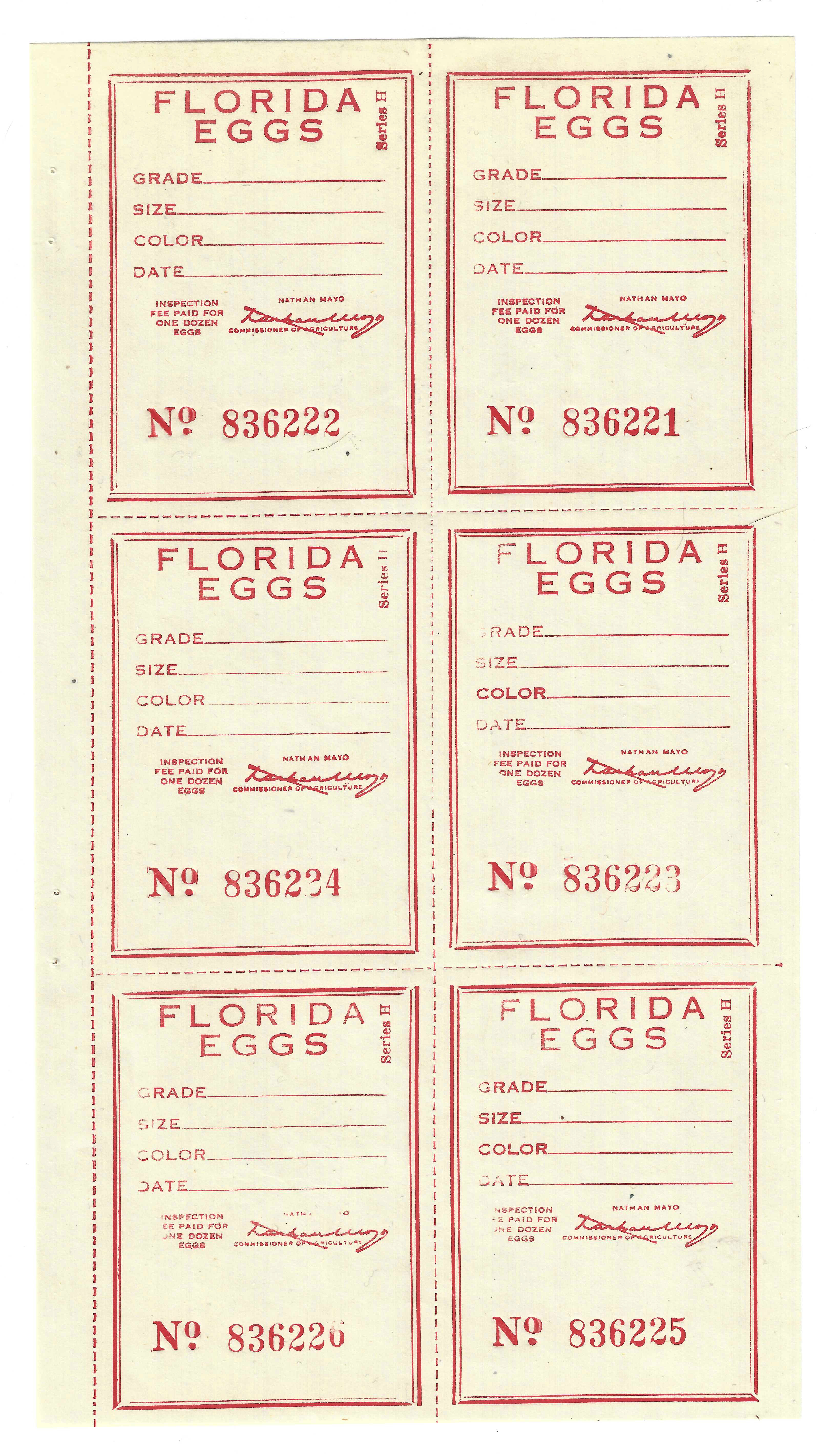 FL eggs, carton E18 Florida Eggs Series H red pane/6 MNH VF