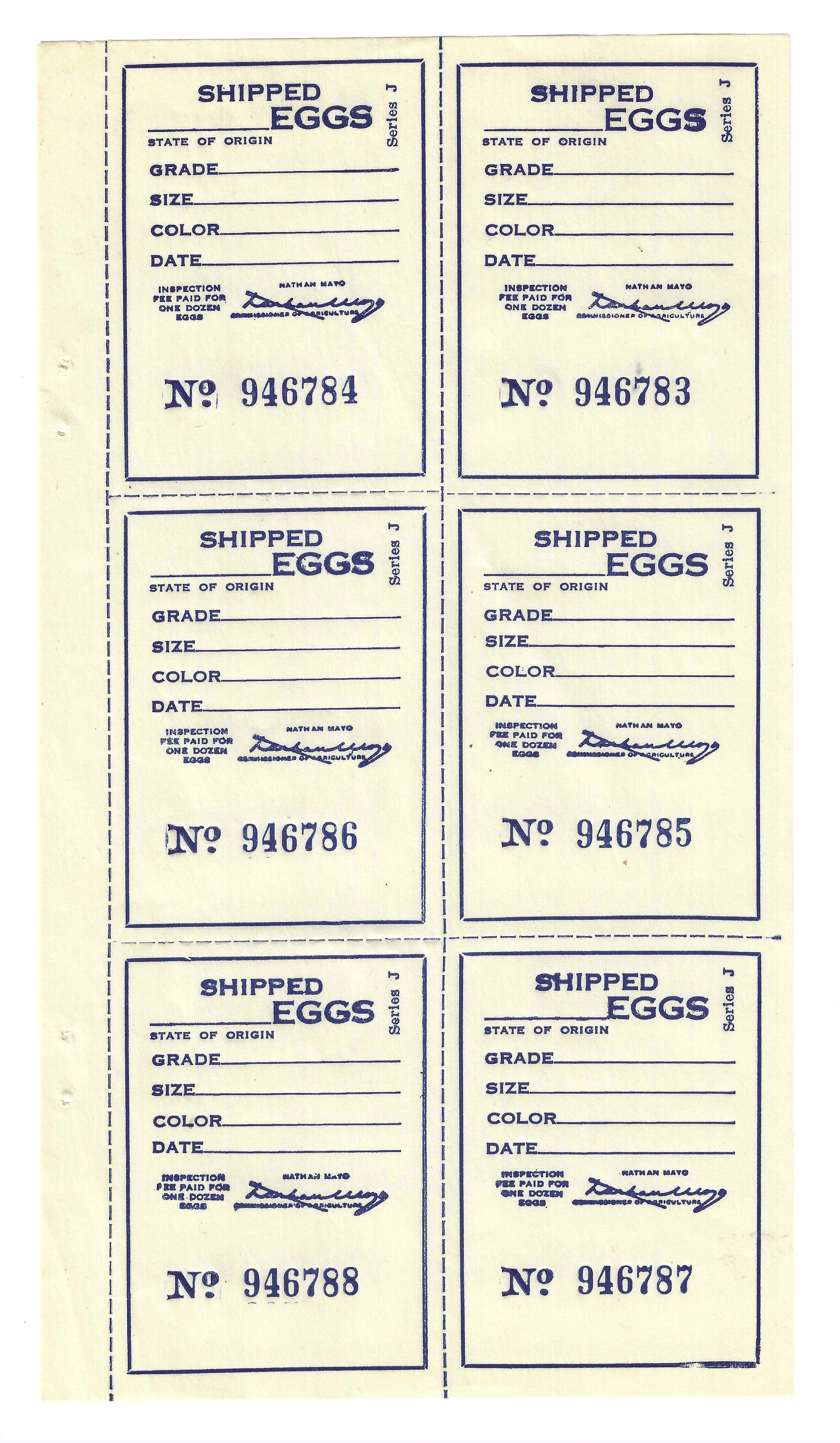 FL eggs, carton E30 Shipped Eggs Series J blue pane/6 MNH VF