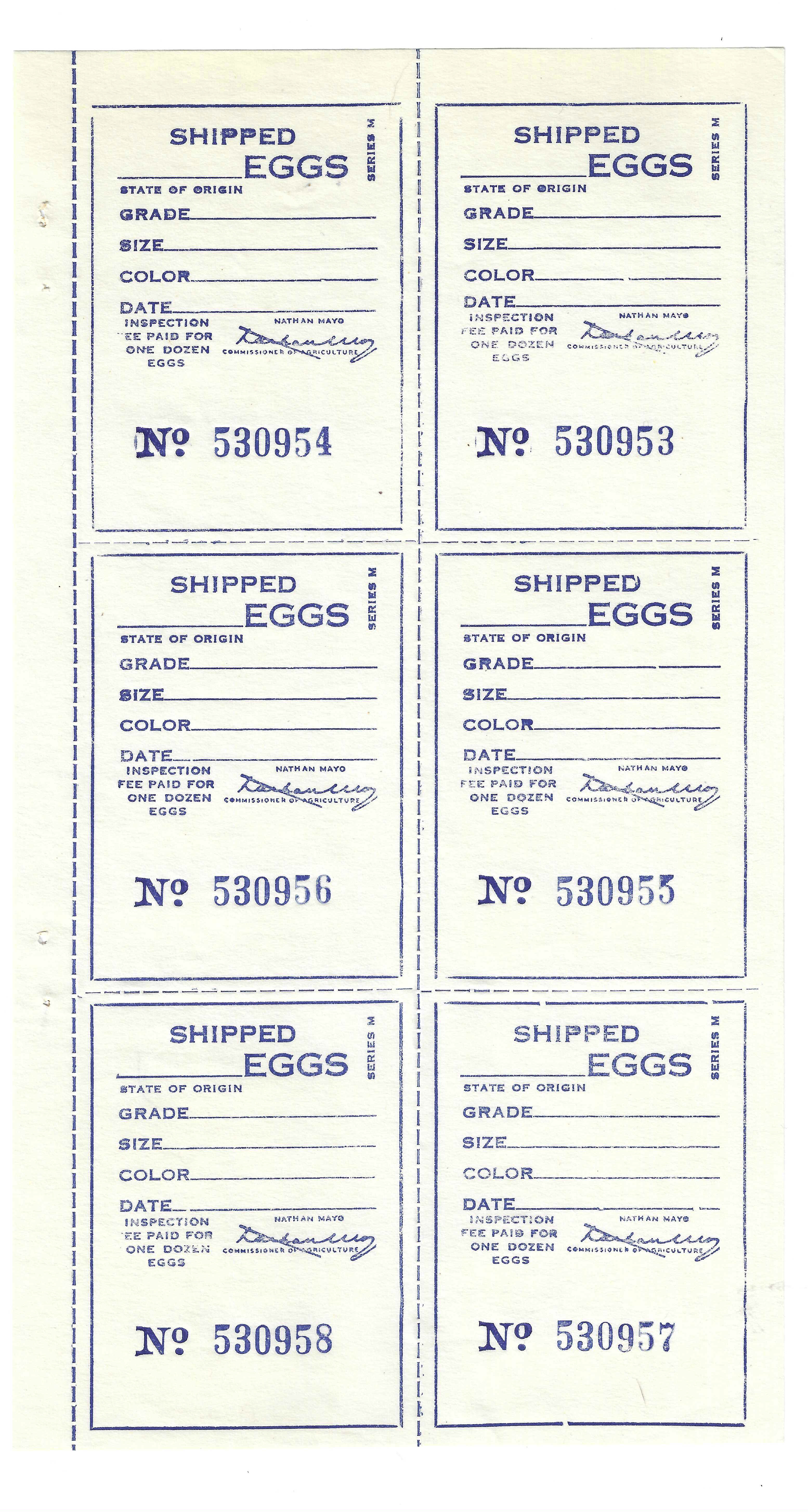 FL eggs, carton E31 Shipped Eggs Series M blue pane/6 MNH VF