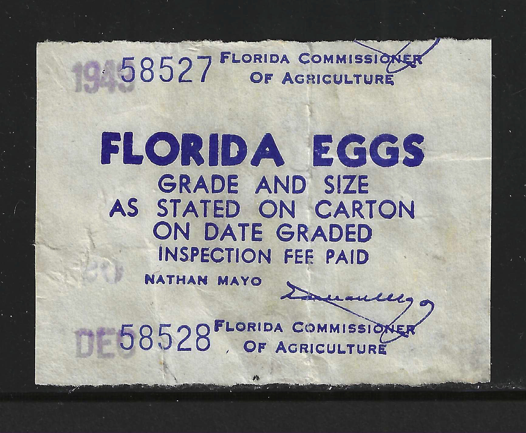 FL eggs, carton E50 Florida Eggs blue on white w/ blue serial # U VF