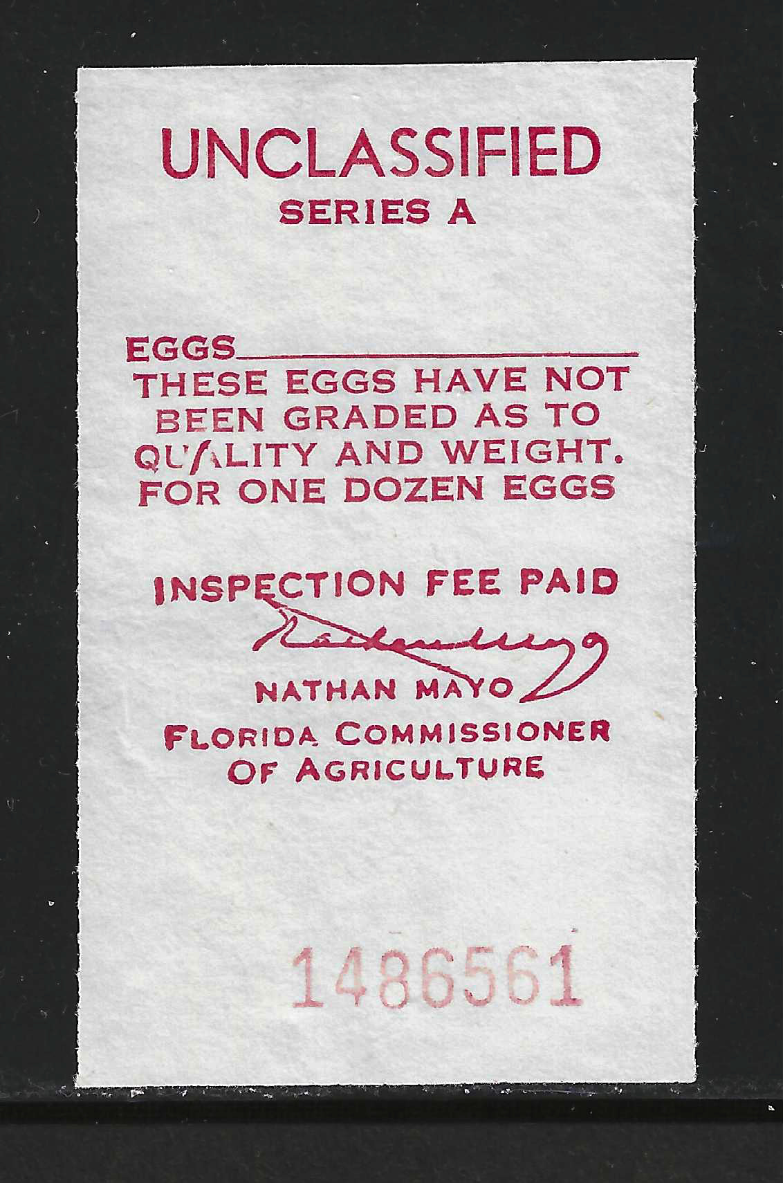 FL eggs, cartonE56  Unclassified / Series A red on white U VF